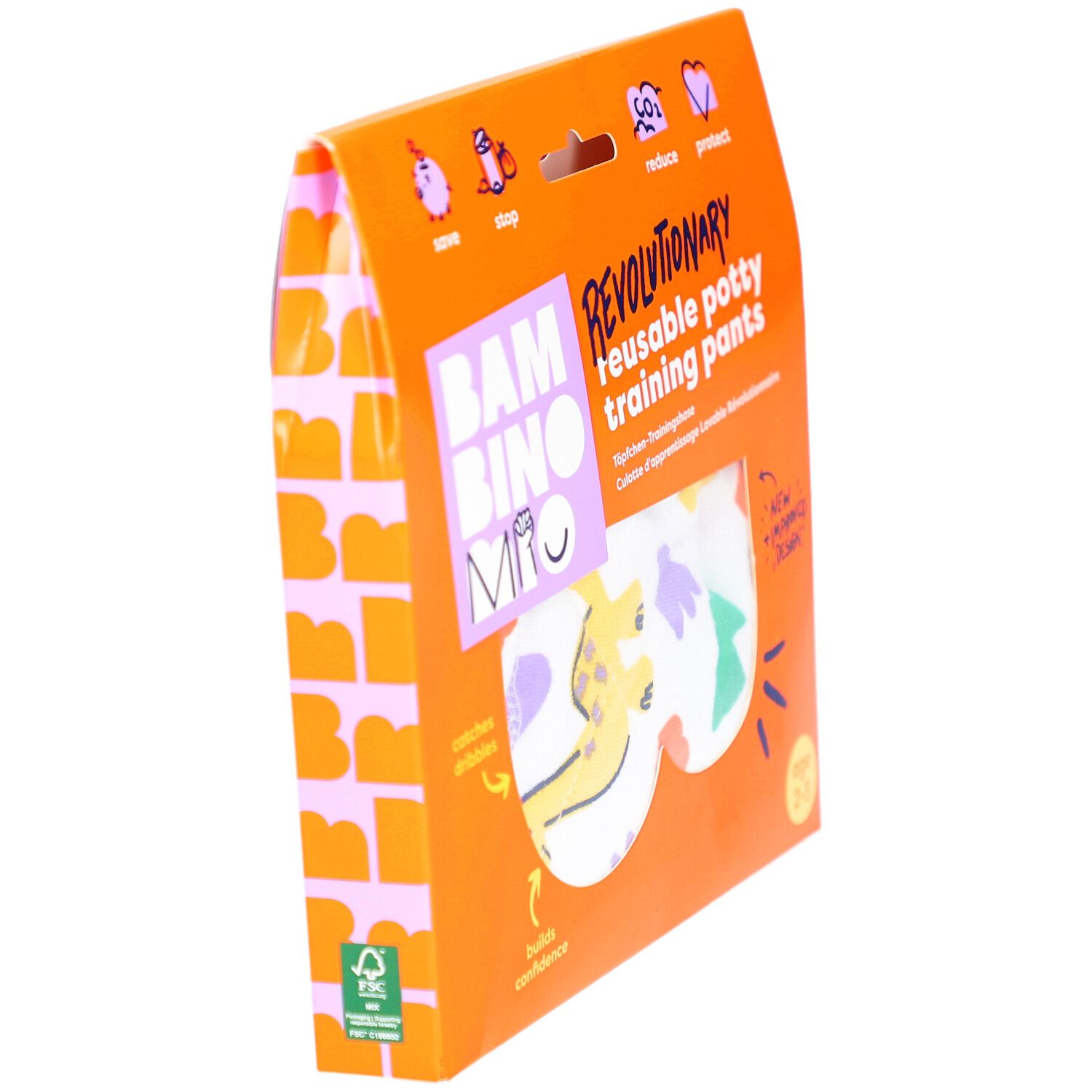 Seitenansicht der Verpackung mit wiederverwendbarer Töpfchen-Trainingshose. Orangefarben, mit Produktname und Logo.