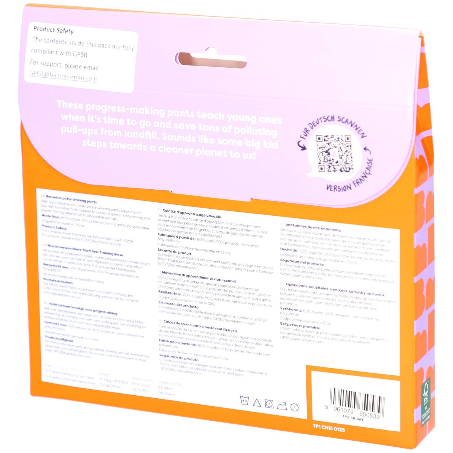 Rückseite der Verpackung mit Text in mehreren Sprachen. Enthält Informationen zum Produkt und QR-Code.