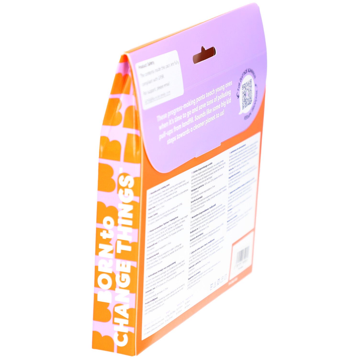 Seitenansicht der Verpackung mit Text. Enthält Informationen zum Produkt und Logo.