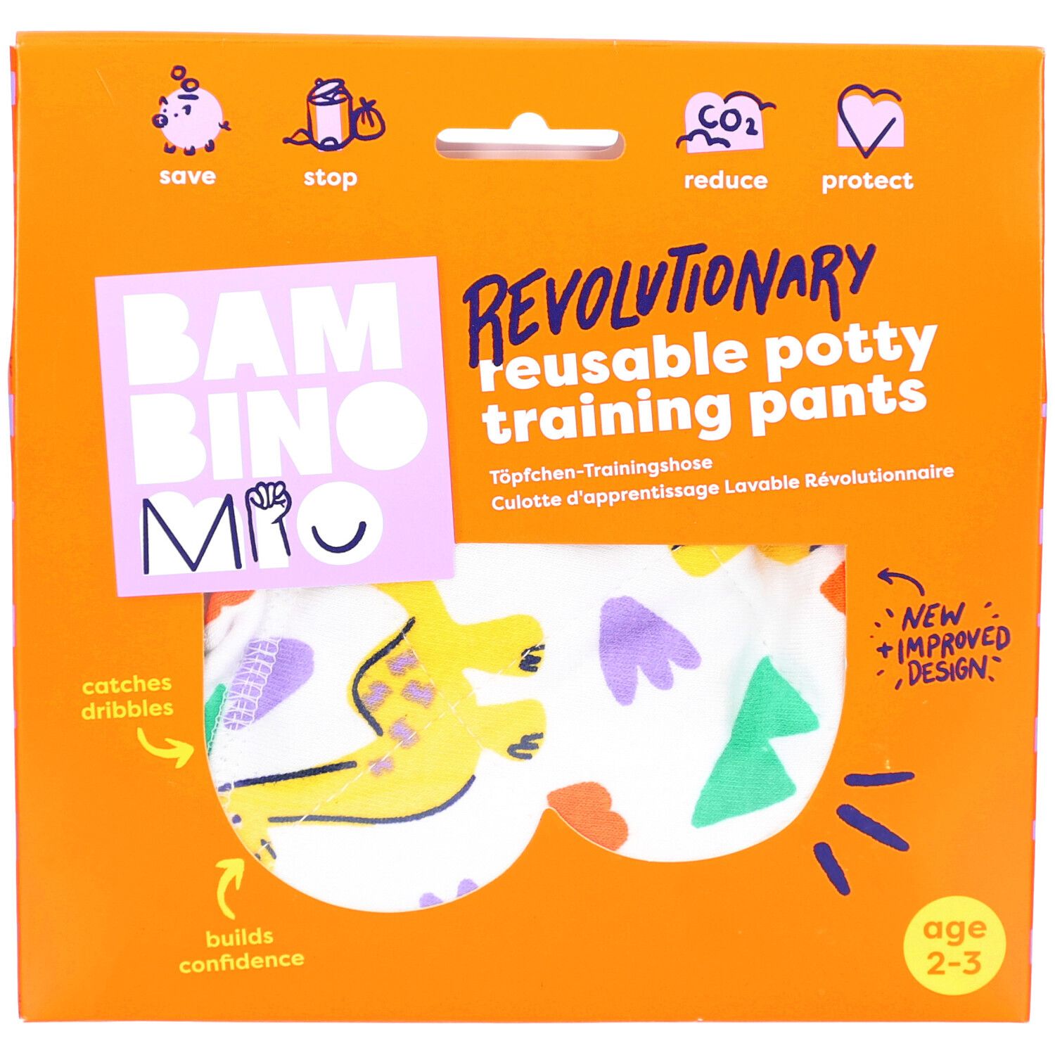 Verpackung mit wiederverwendbarer Töpfchen-Trainingshose. Orangefarben, mit Produktname und Altersempfehlung 2-3 Jahre.