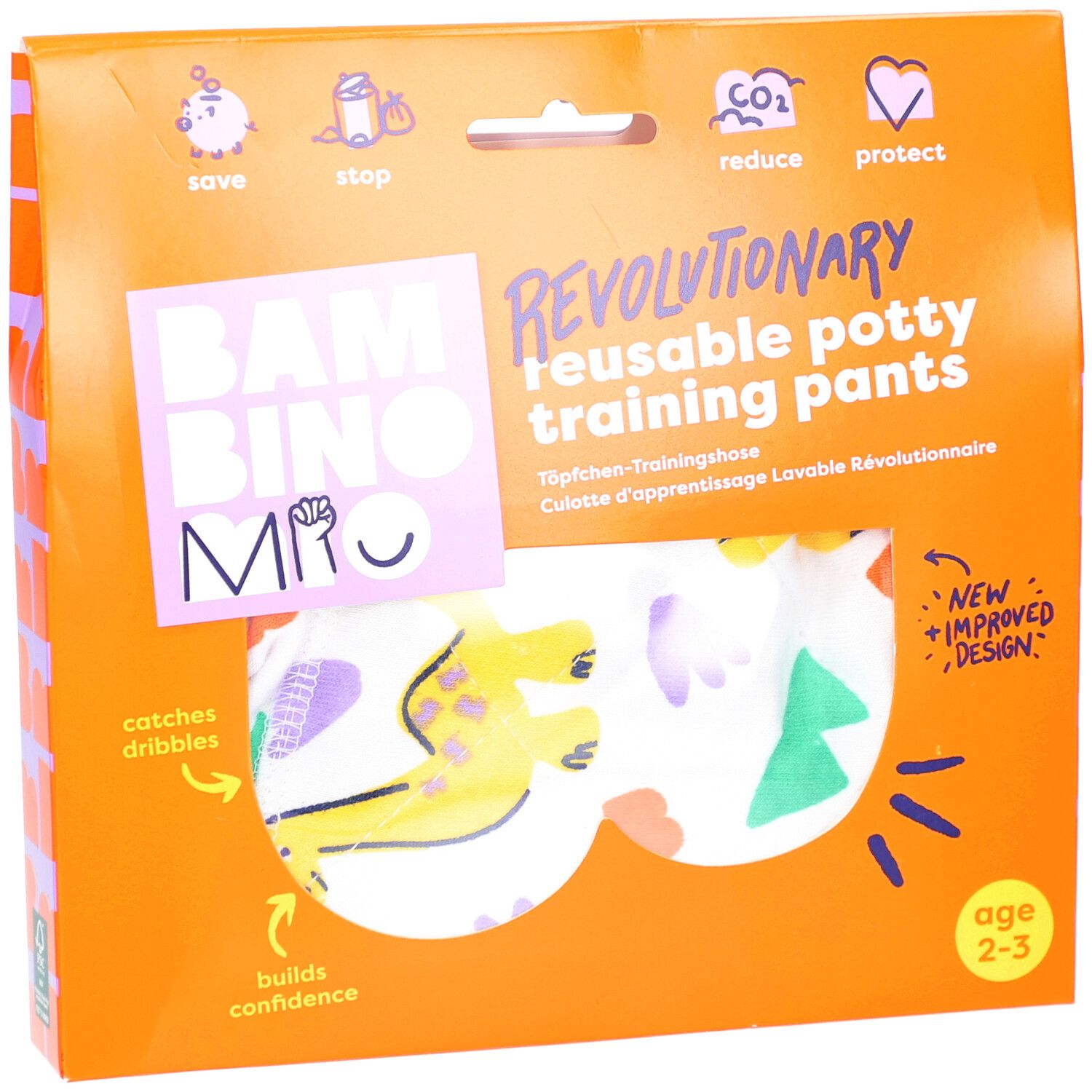 Verpackung mit wiederverwendbarer Töpfchen-Trainingshose. Orangefarben, mit Produktname und Altersempfehlung 2-3 Jahre.