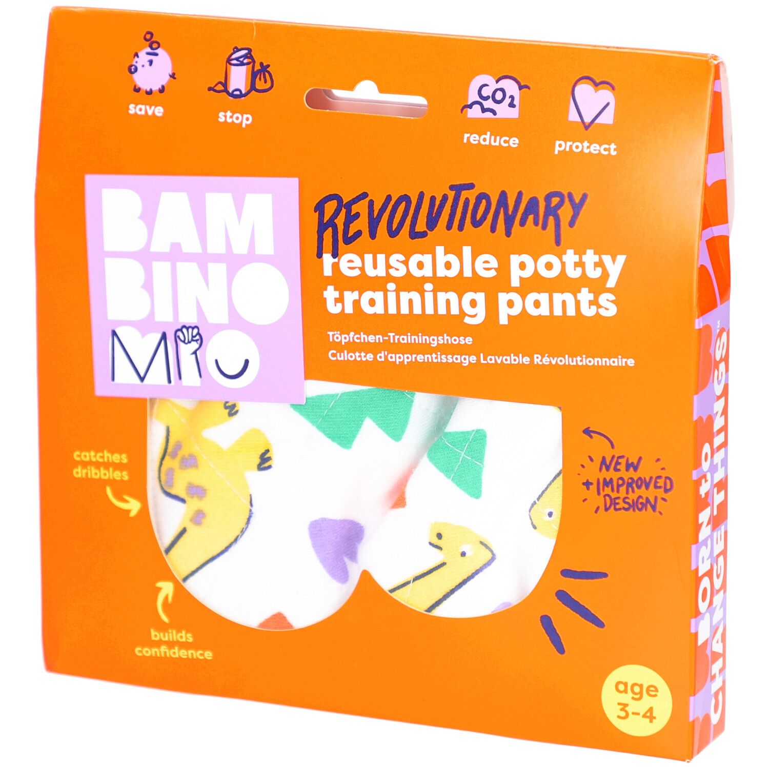 Verpackung mit wiederverwendbarer Töpfchen-Trainingshose. Orangefarbene Schachtel mit Produktabbildung und Text. Alter 3-4 Jahre.