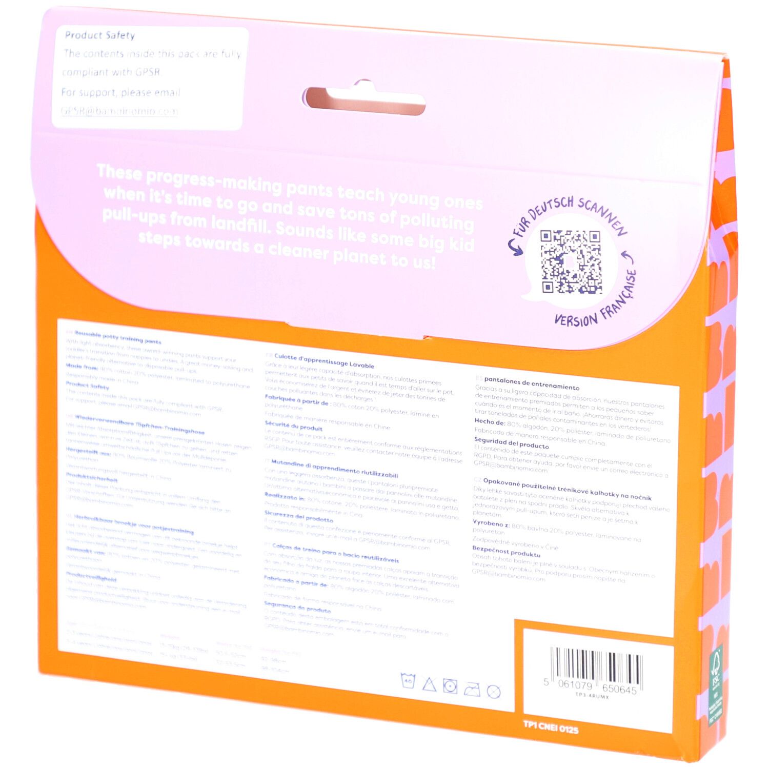 Rückseite der Verpackung mit Text in Deutsch und Französisch. Enthält Informationen zum Produkt und QR-Code.