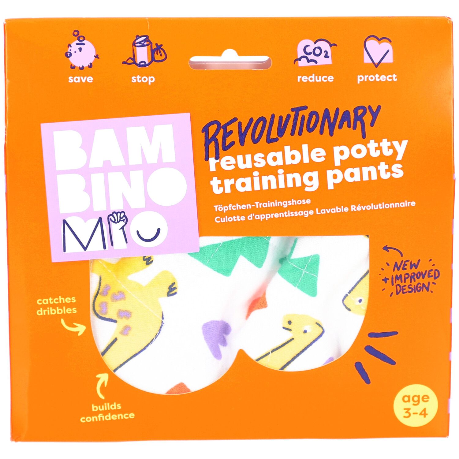 Verpackung mit wiederverwendbarer Töpfchen-Trainingshose. Orangefarbene Schachtel mit Produktabbildung und Text. Alter 3-4 Jahre.