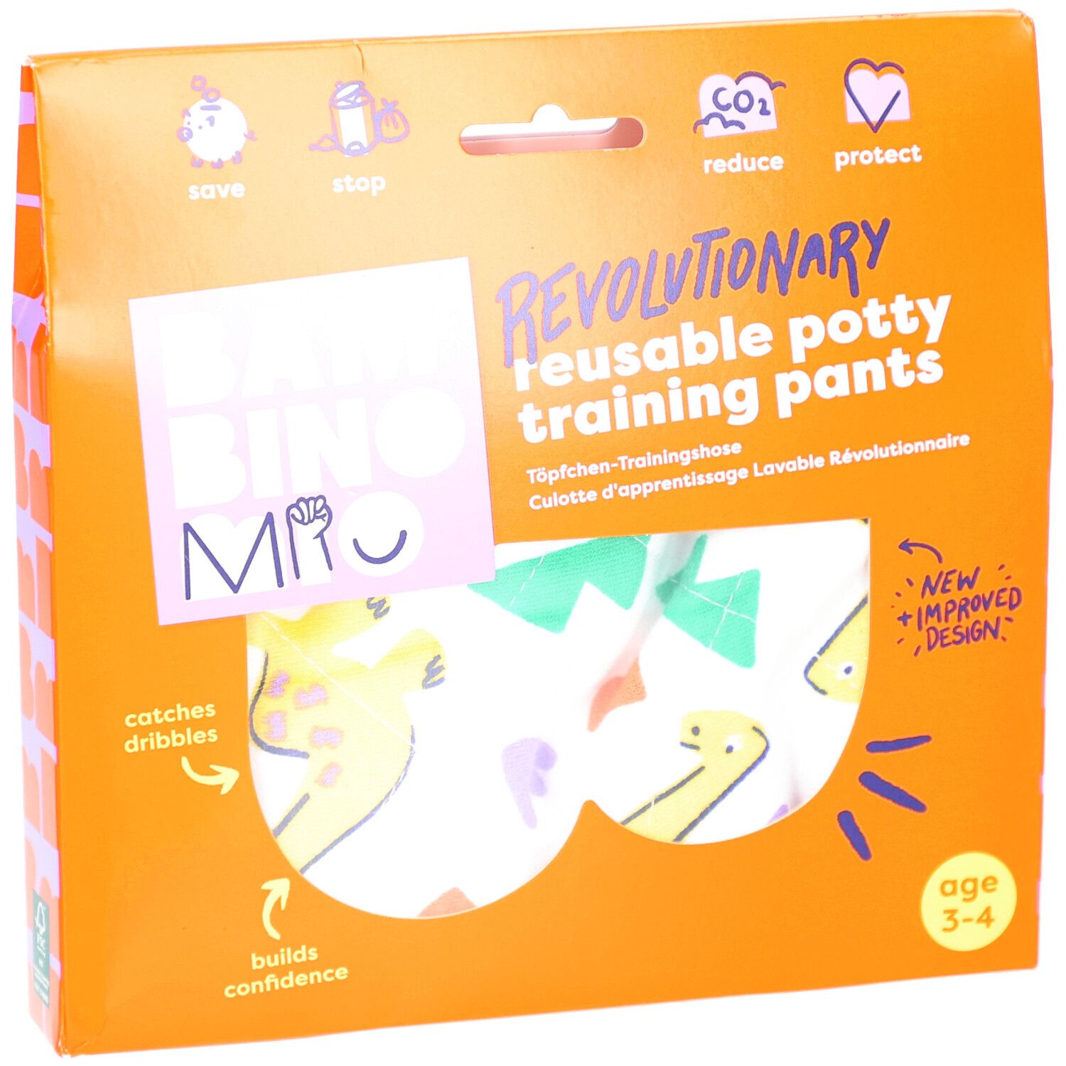 Verpackung mit wiederverwendbarer Töpfchen-Trainingshose. Orangefarbene Schachtel mit Produktabbildung und Text. Alter 3-4 Jahre.