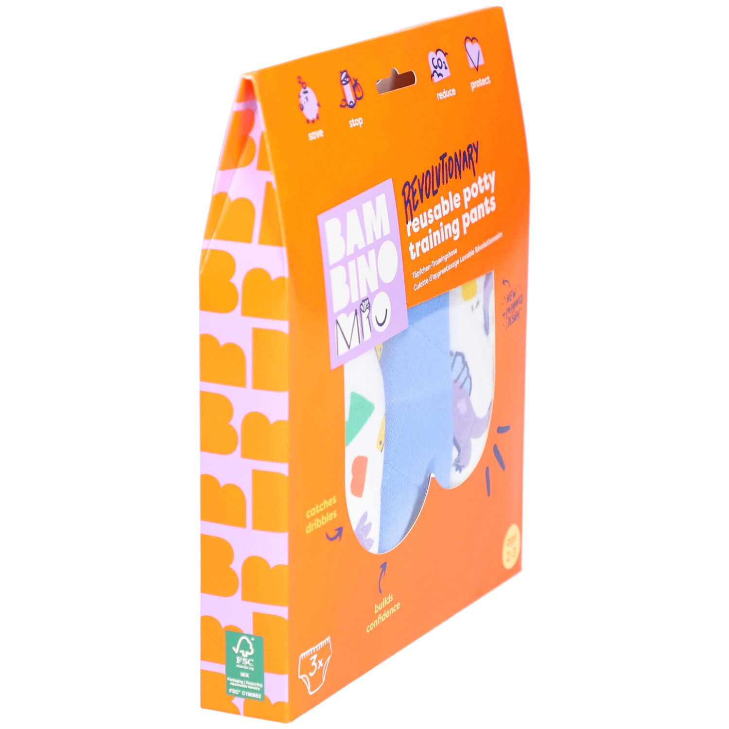 Emballage orange de culottes d'apprentissage réutilisables. Logo et informations sur le produit visibles. Certification FSC.