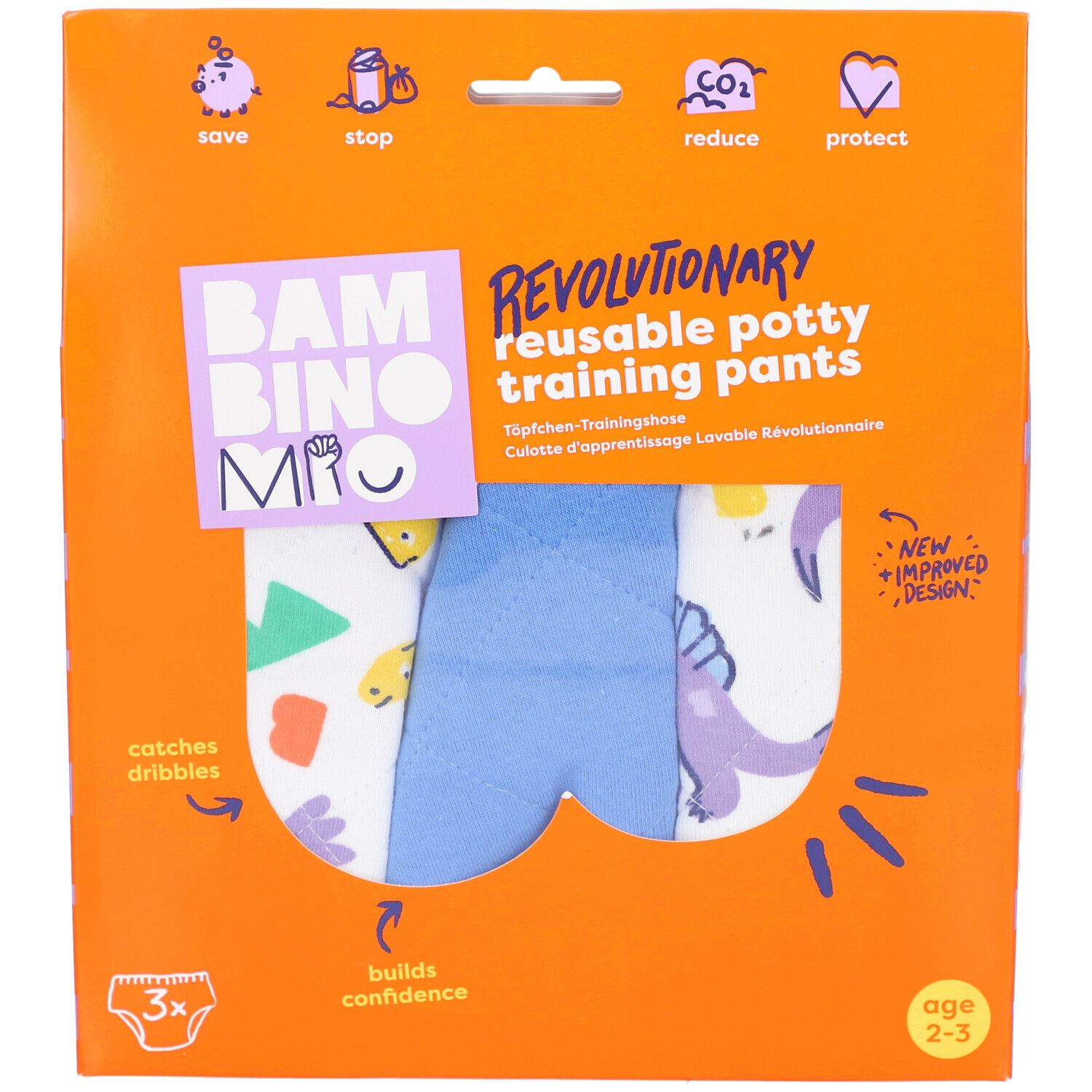 Emballage de culottes d'apprentissage réutilisables. 3 culottes visibles. Emballage orange avec informations produit.