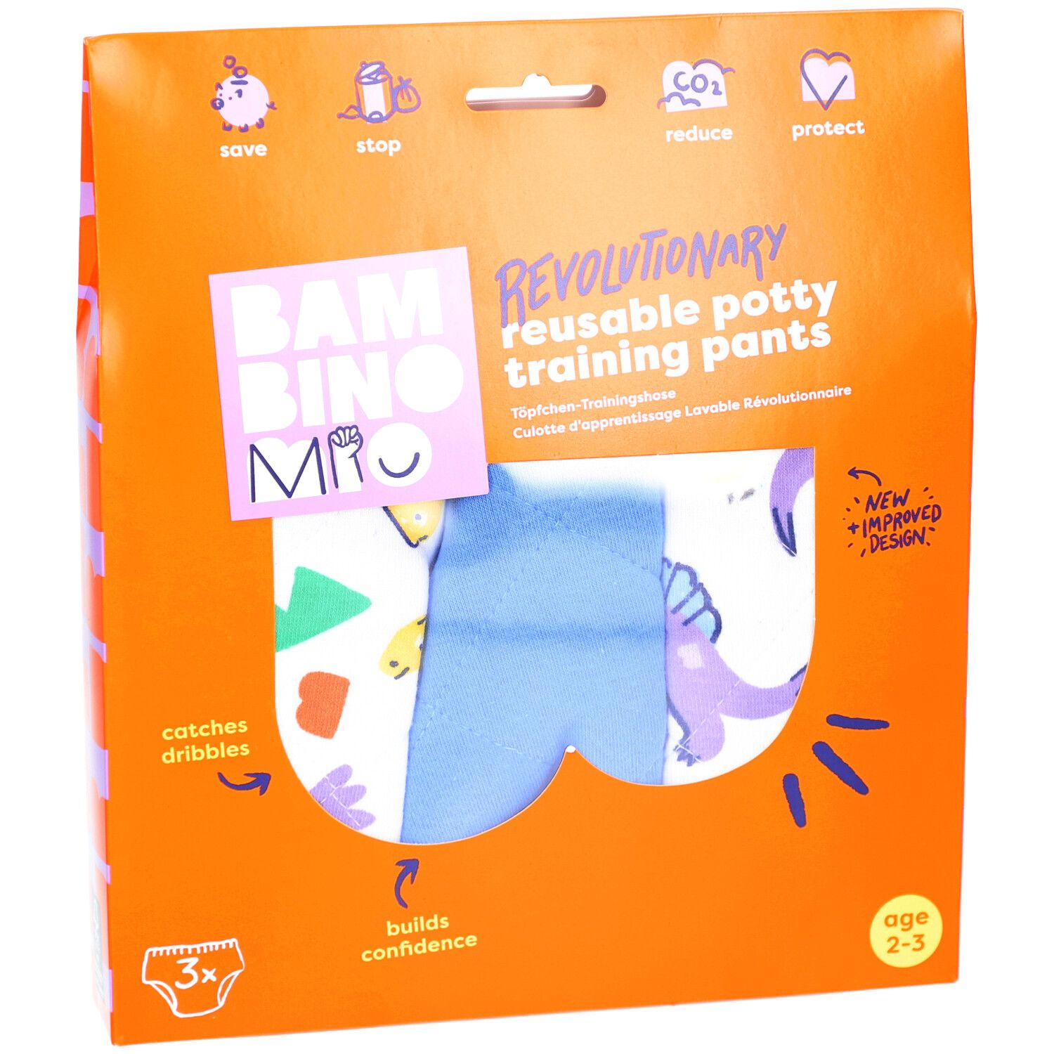 Emballage de culottes d'apprentissage réutilisables. 3 culottes visibles. Emballage orange avec informations produit.
