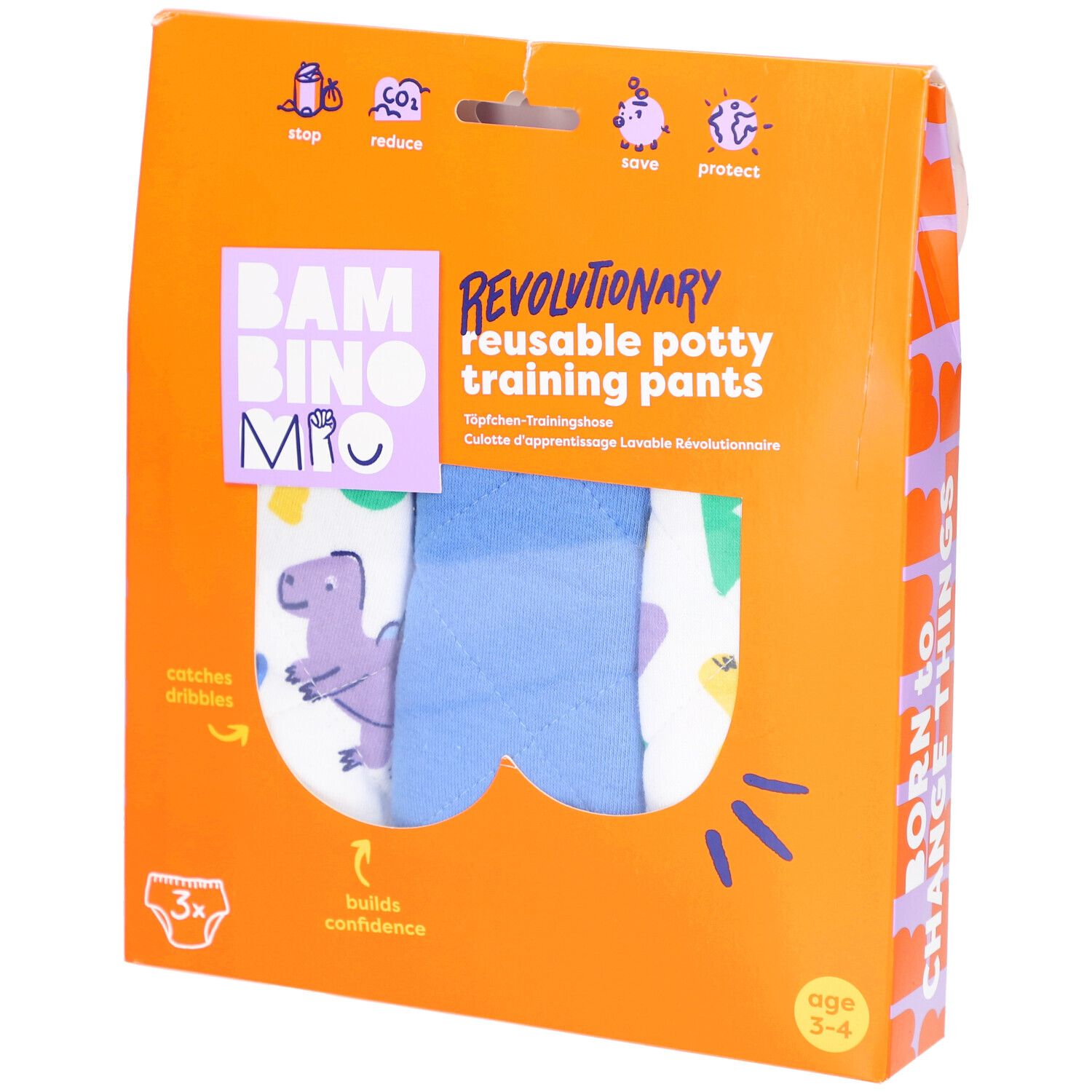 Emballage orange pour culottes d'apprentissage réutilisables. Motifs dinosaures et informations produit. Pour enfants de 3-4 ans.