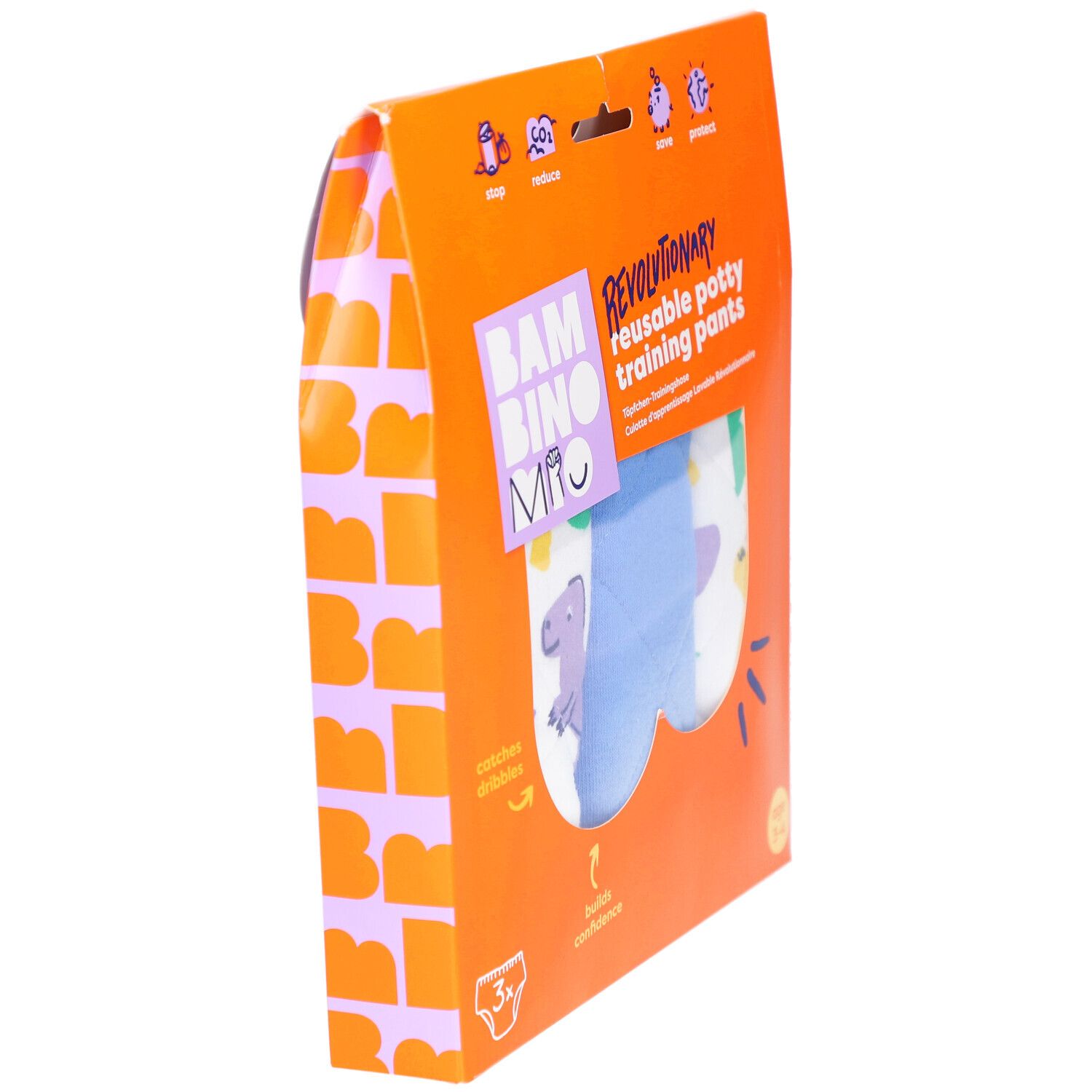 Emballage orange pour culottes d'apprentissage réutilisables. Vue latérale avec logo et motif dinosaure.