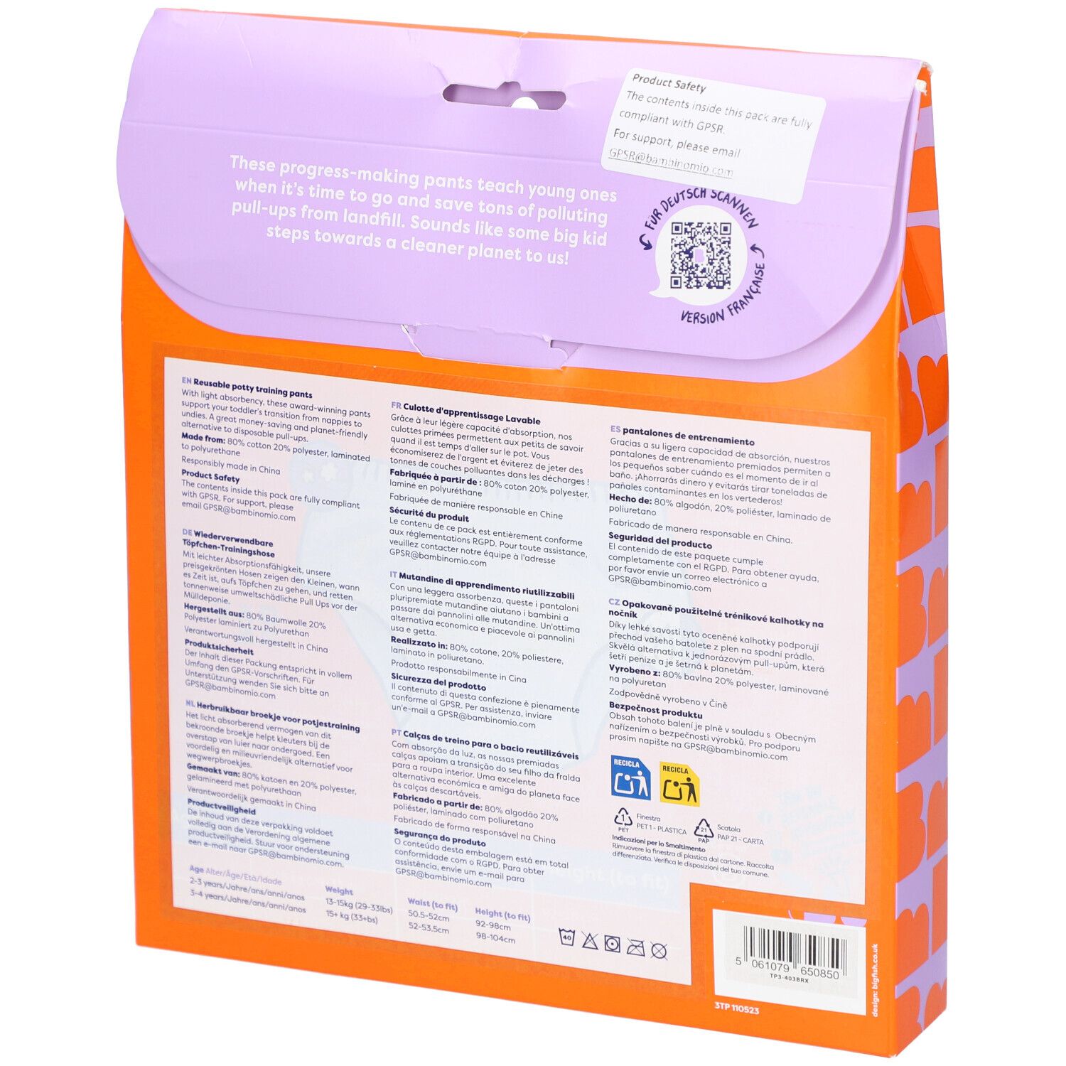 Dos de l'emballage avec informations produit et texte multilingue. Comprend un code QR et des symboles de recyclage.