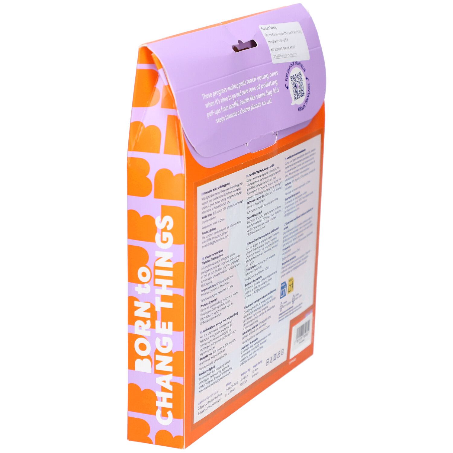 Vue arrière de l'emballage avec informations produit et texte. Orange avec accents violets et logo.