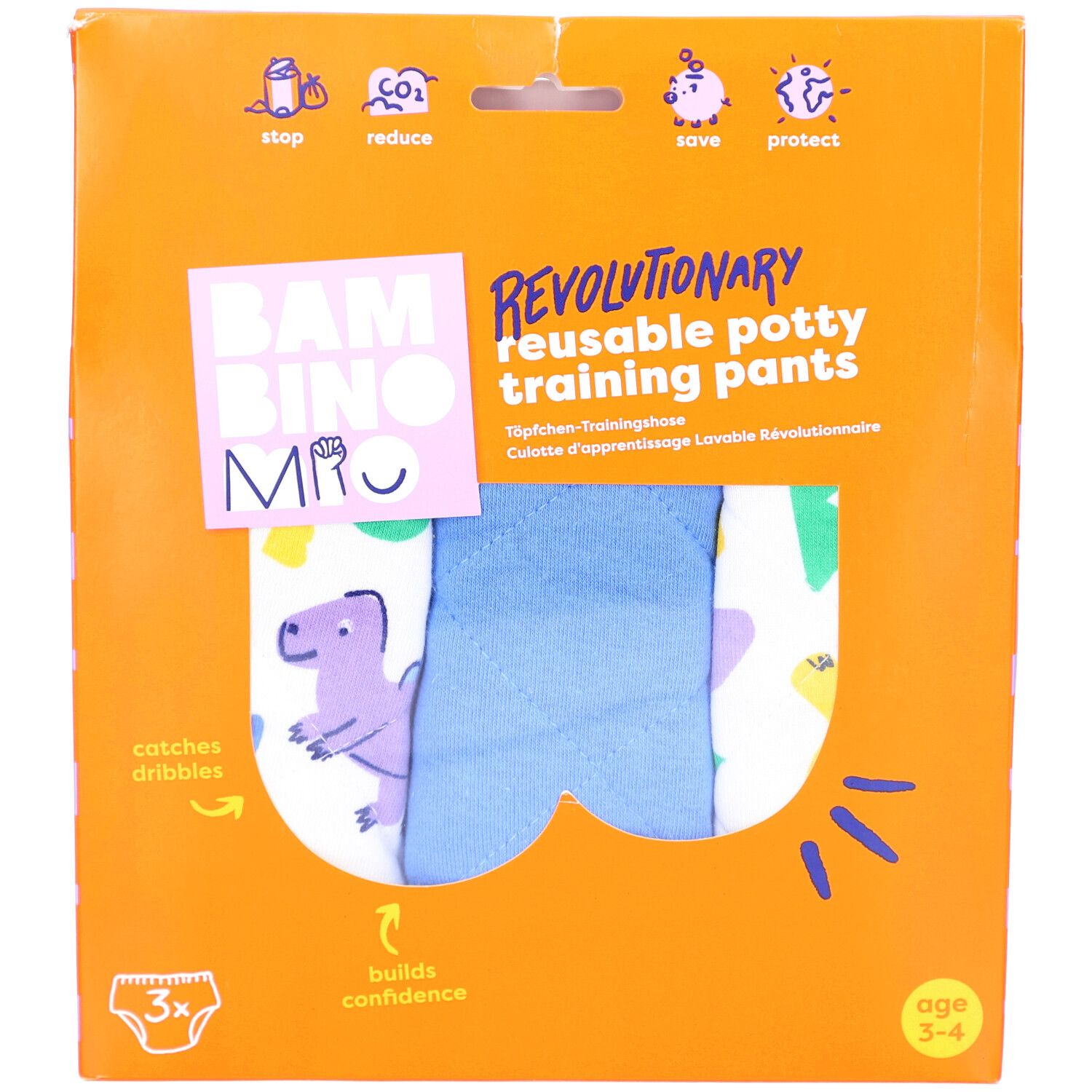 Emballage orange pour culottes d'apprentissage réutilisables. Motifs dinosaures et informations produit. Pour enfants de 3-4 ans.