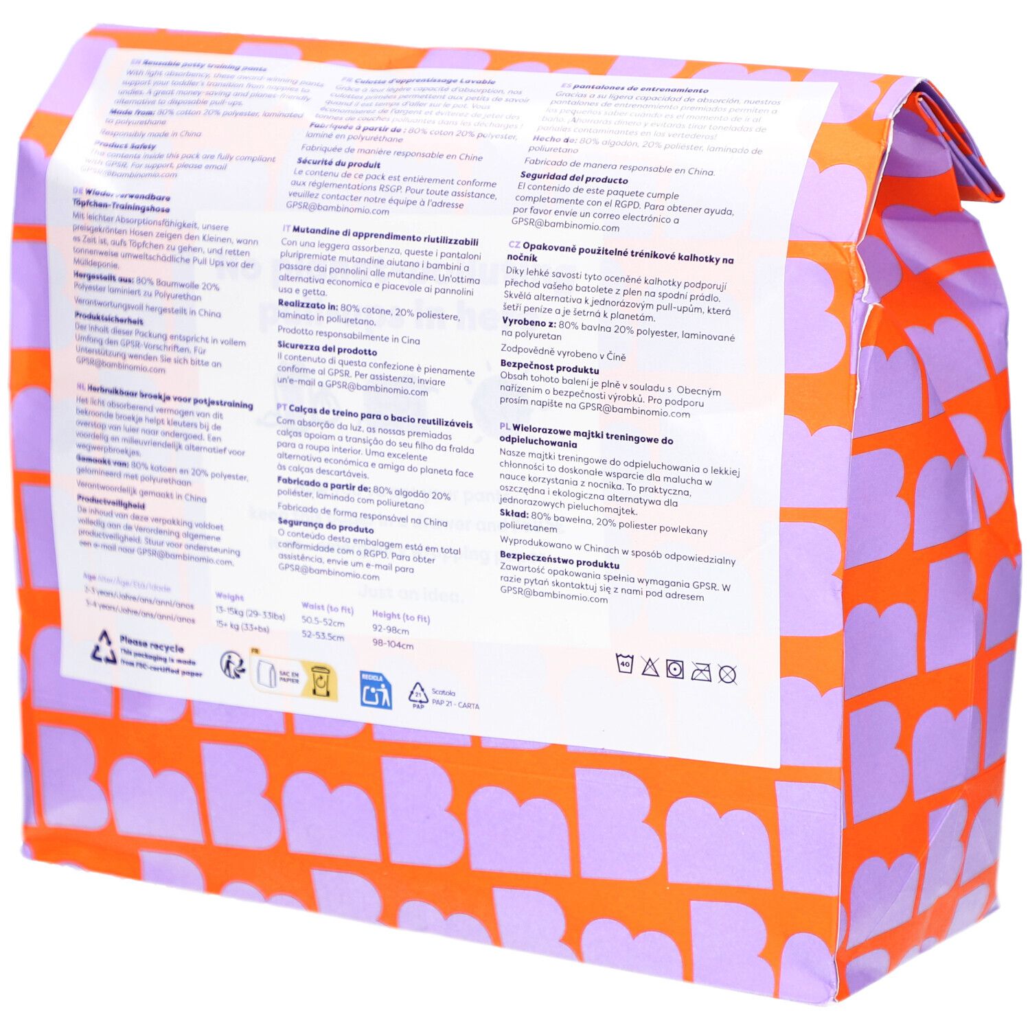 Rückseite der Verpackung mit orangefarbenem Muster und lila Buchstaben. Text in mehreren Sprachen.