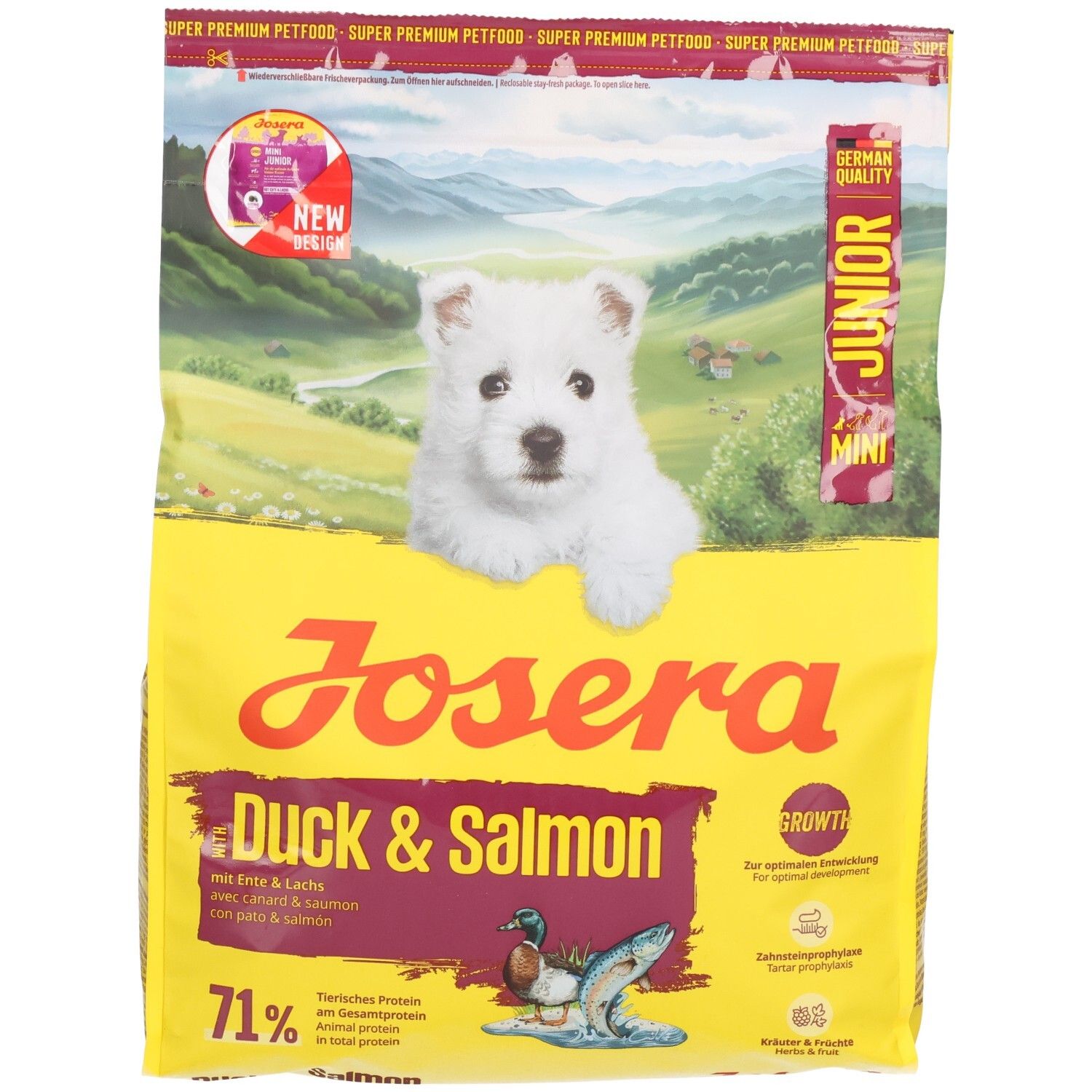 Gelbe Tüte mit JOSERA Duck & Salmon. Abbildung eines Welpen. Text: Junior, Mini, 71%. Ente & Lachs.