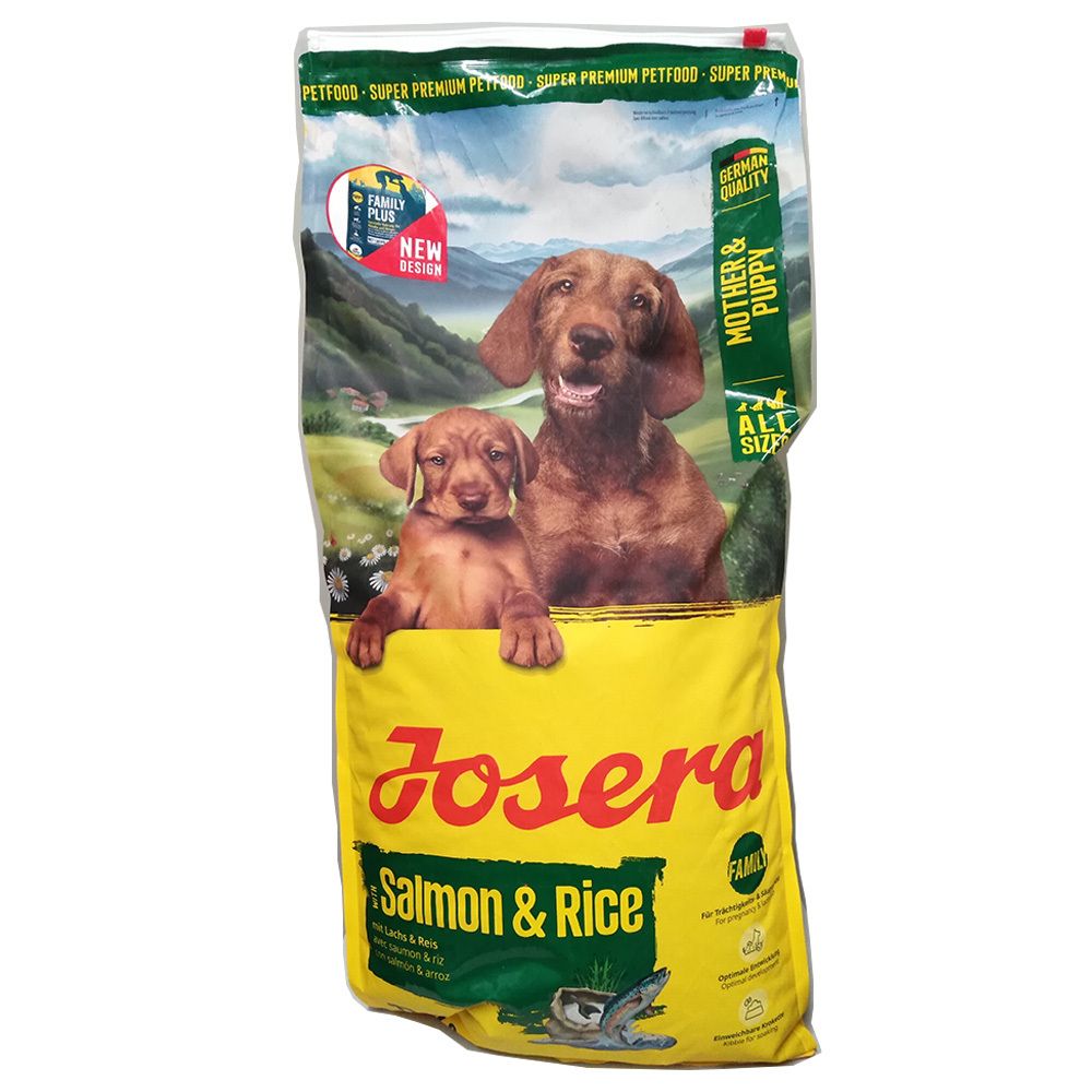 Sac jaune avec motif de chien. Inscription : Josera Salmon & Rice. Mère & chiot. Détails vert et blanc.