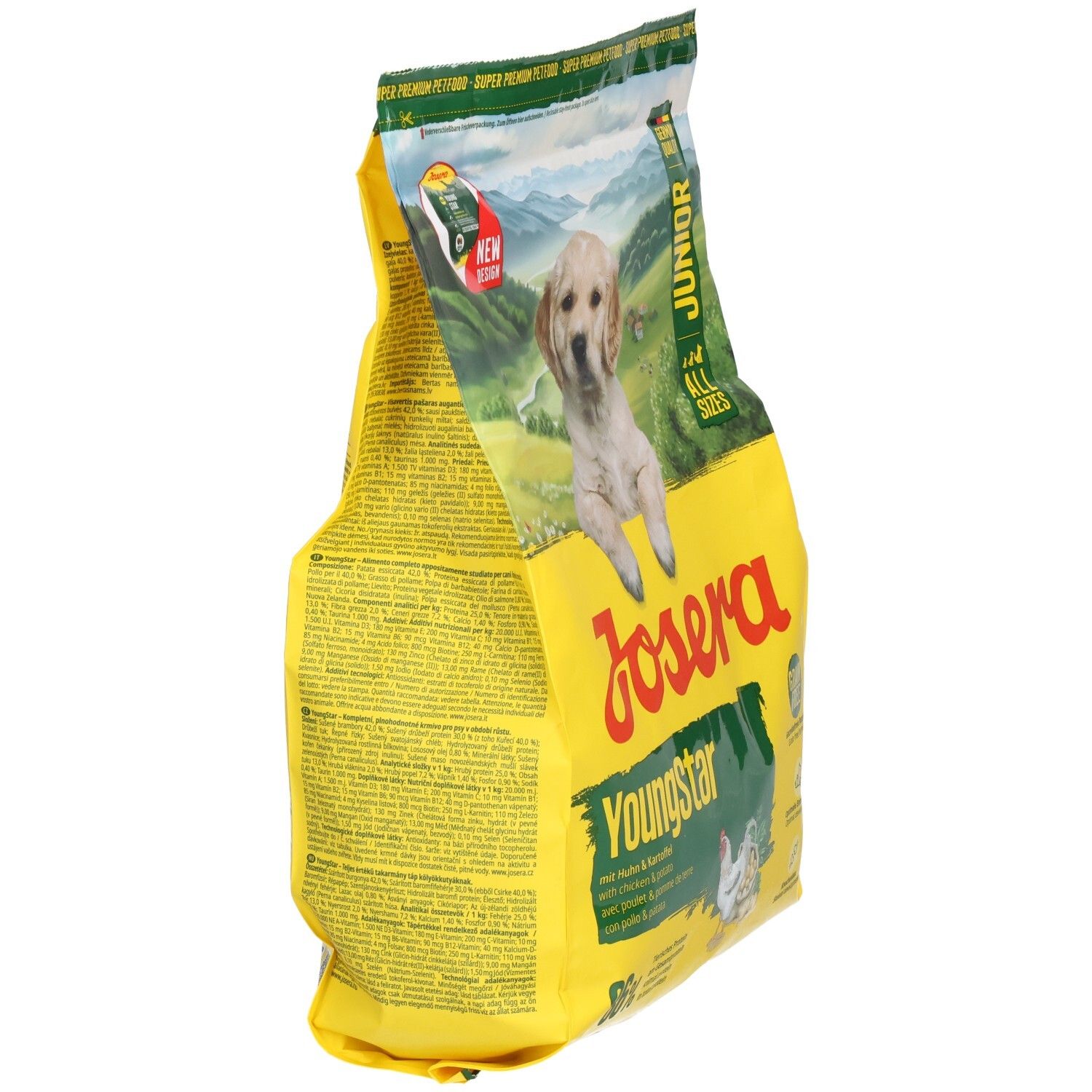 Emballage jaune, vue latérale. Inscription: JOSERA YoungStar Junior. Image de chiot. Détails vert-jaune. Texte en plusieurs langues.