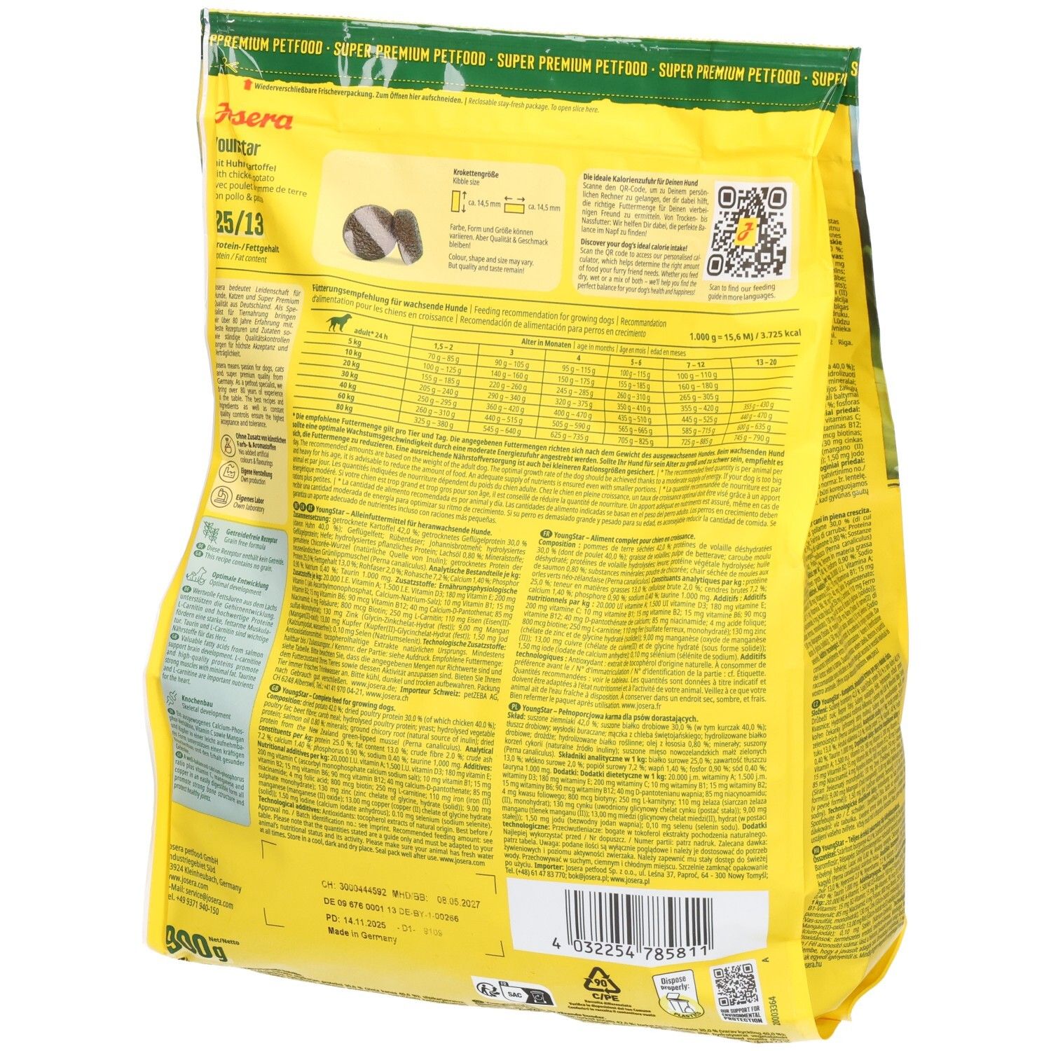 Dos de l'emballage jaune. Texte multilingue. Informations sur les ingrédients et recommandations d'alimentation. Code QR.