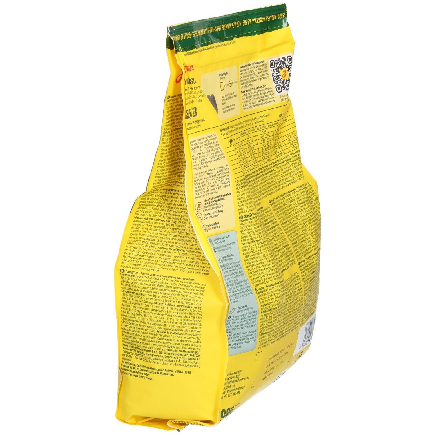 Emballage jaune, vue latérale. Texte multilingue. Informations sur les ingrédients et recommandations d'alimentation. Code QR.