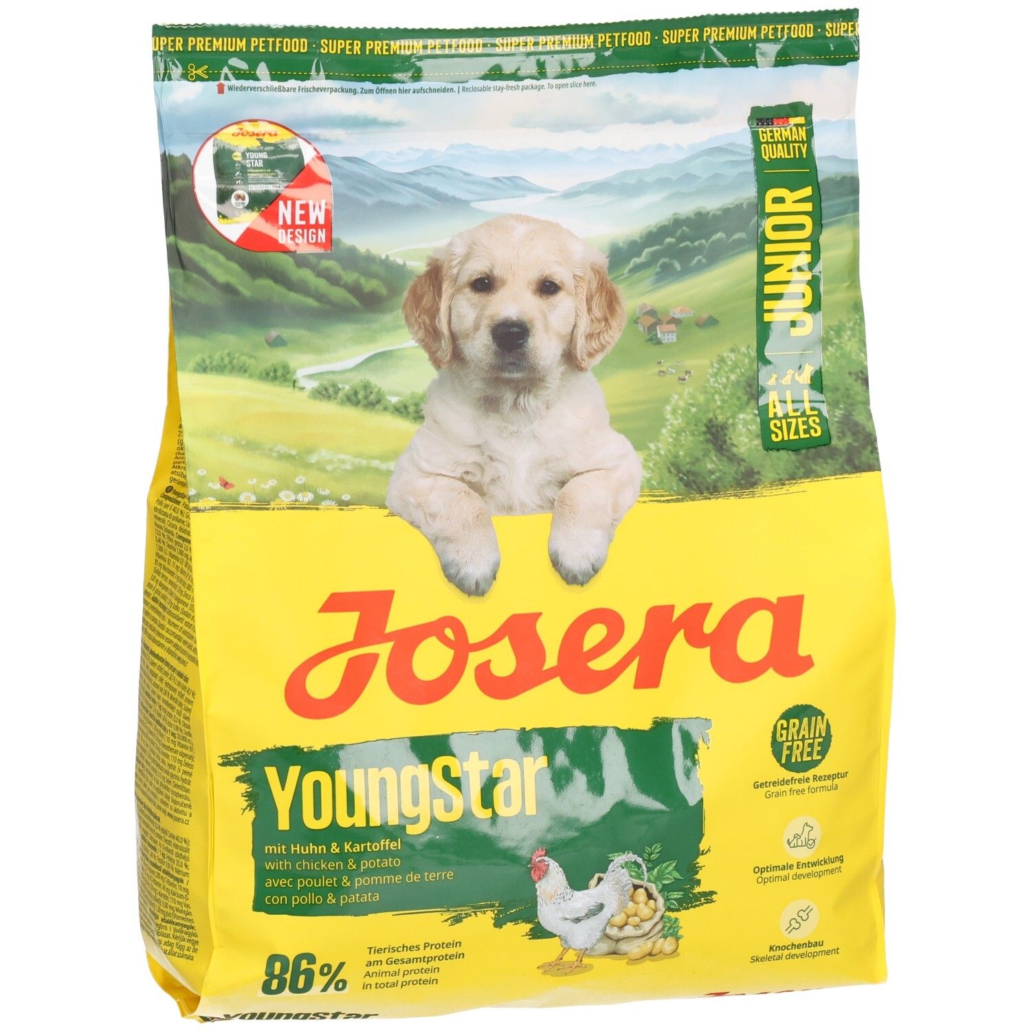 Emballage jaune avec image de chiot. Inscription: JOSERA YoungStar Junior avec poulet et pommes de terre. Détails vert-jaune. Contient 86% de protéines animales.