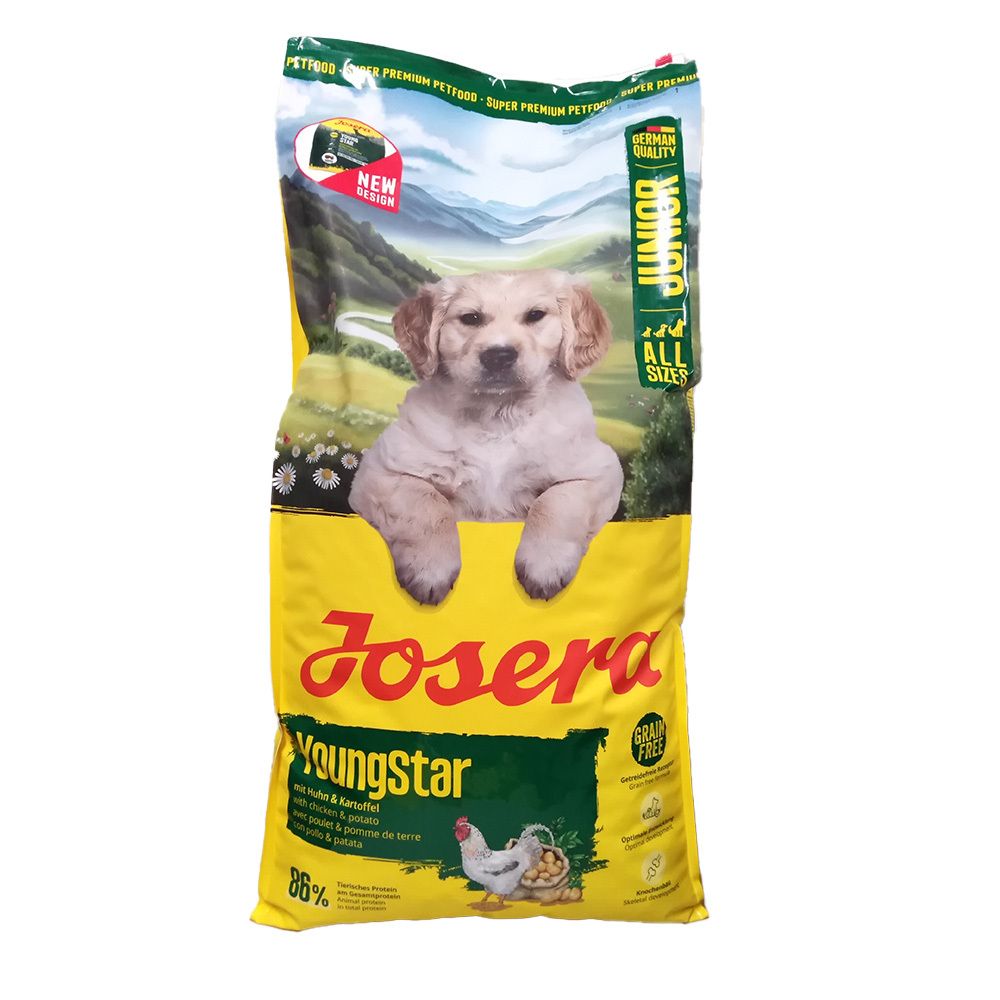 Sac de nourriture jaune avec image de chiot. Inscription : Josera Youngstar, Junior. Contient poulet et pommes de terre. Sans céréales.
