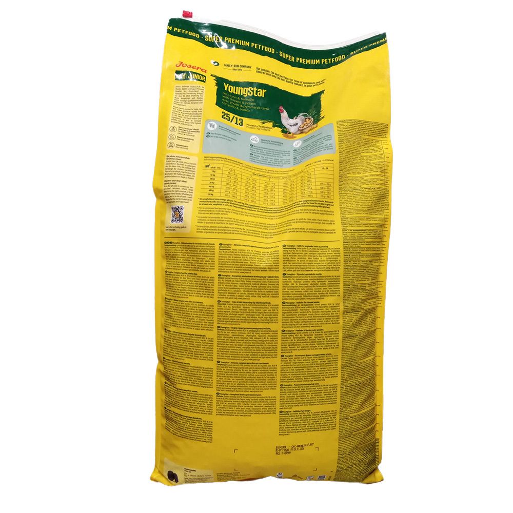 Dos d'un sac de nourriture jaune. Inscription : Josera Youngstar. Contient des informations sur les ingrédients et les recommandations d'alimentation.