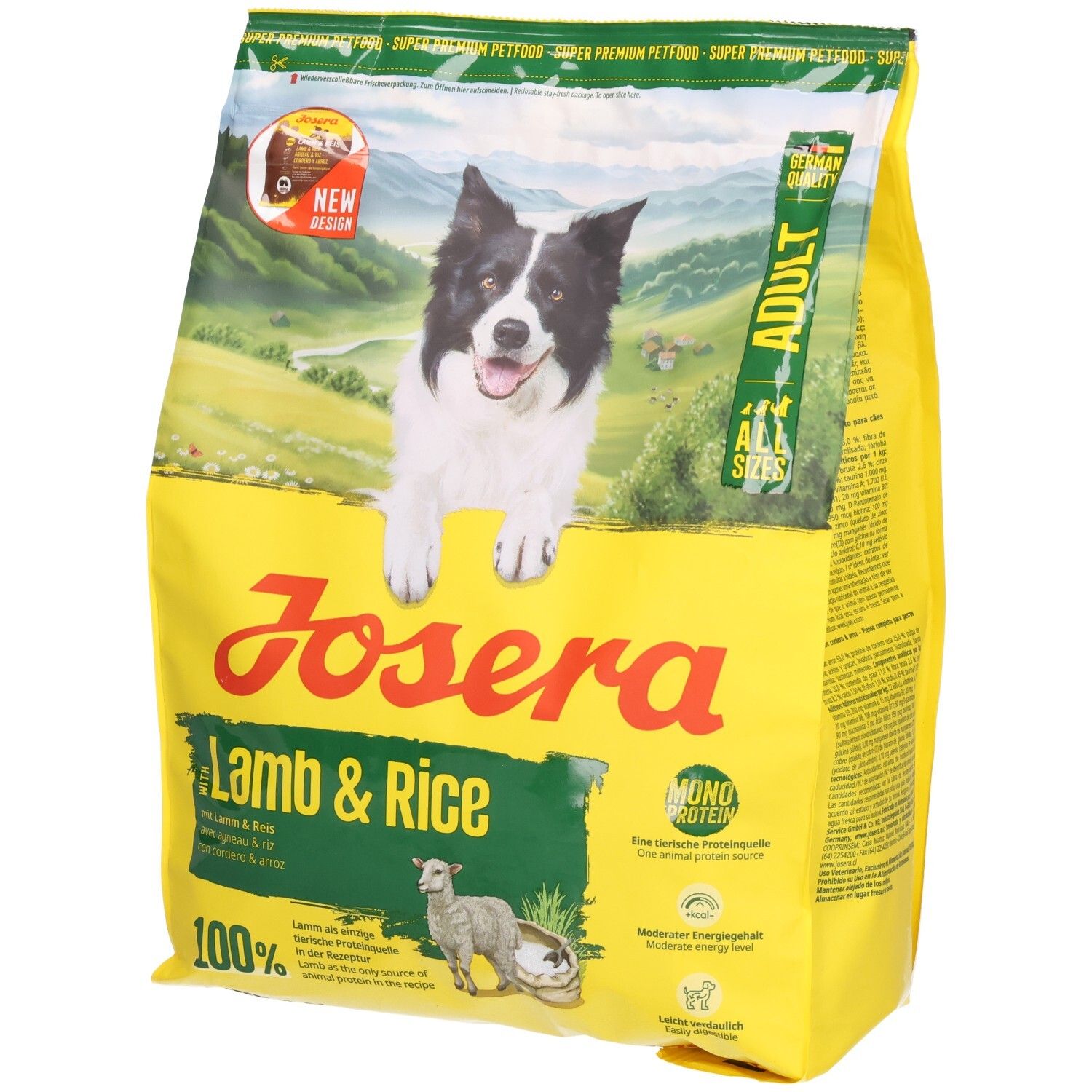 Emballage jaune JOSERA Lamb & Rice. Image d'un chien et d'un agneau. Texte : Adult, Mono Protein, 100%.