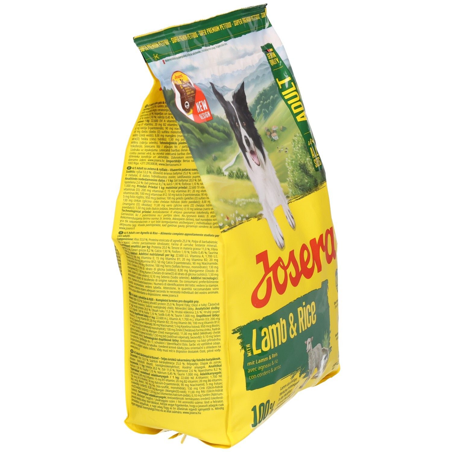 Emballage jaune JOSERA Lamb & Rice. Vue latérale. Texte : Adult, Mono Protein, 100%.