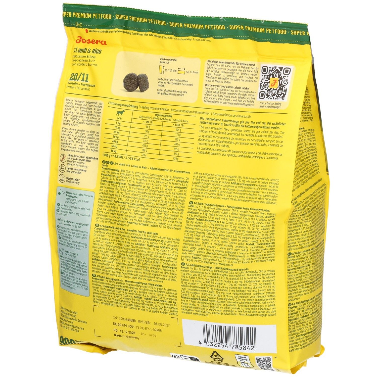 Dos de l'emballage jaune JOSERA Lamb & Rice. Texte et images de croquettes.