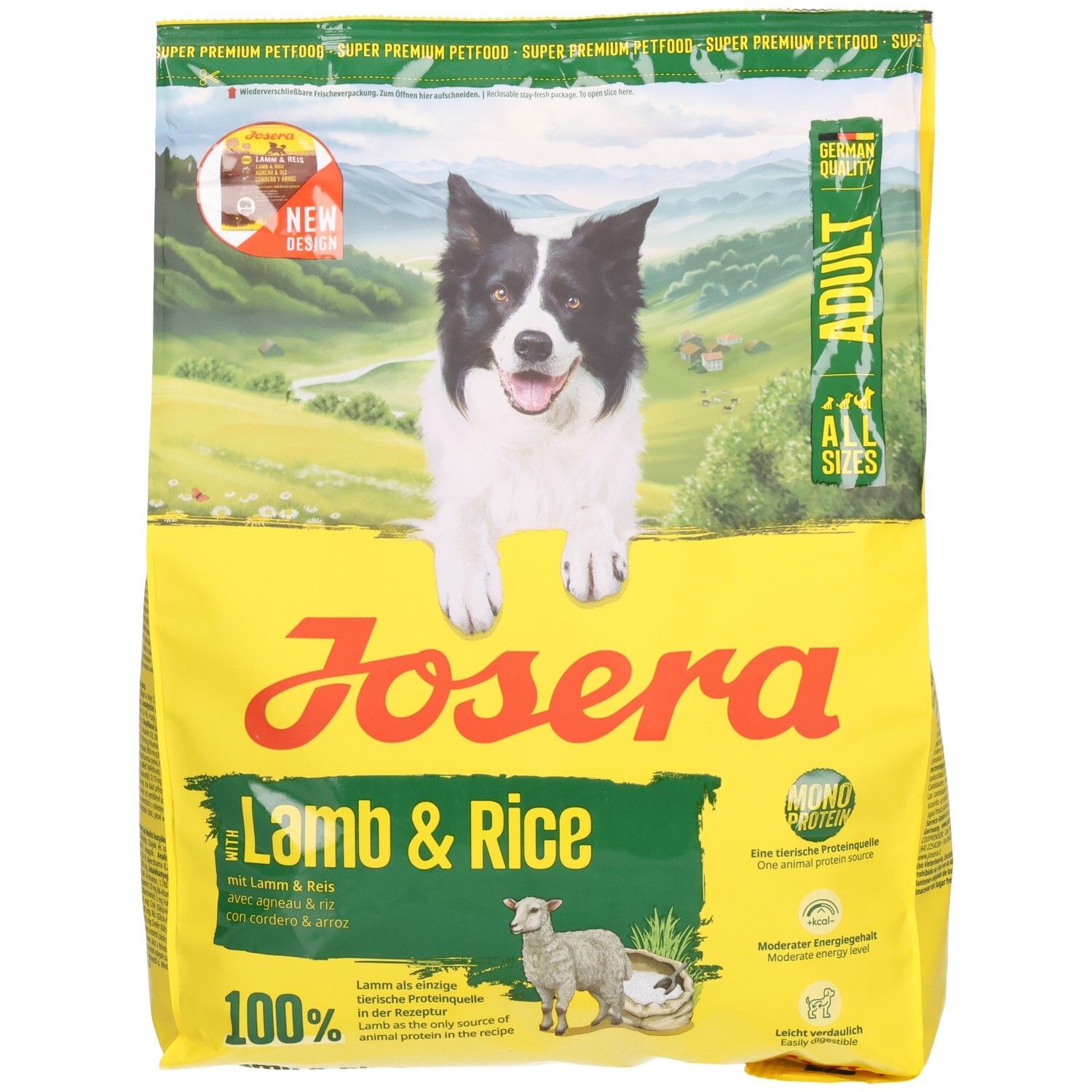 Emballage jaune JOSERA Lamb & Rice. Image d'un chien et d'un agneau. Texte : Adult, Mono Protein, 100%.