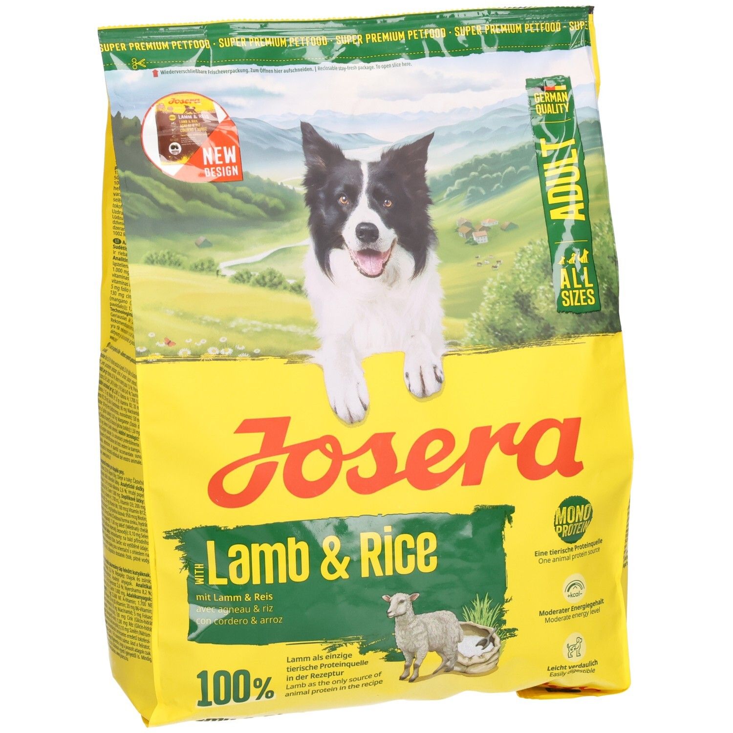 Emballage jaune JOSERA Lamb & Rice. Image d'un chien et d'un agneau. Texte : Adult, Mono Protein, 100%.