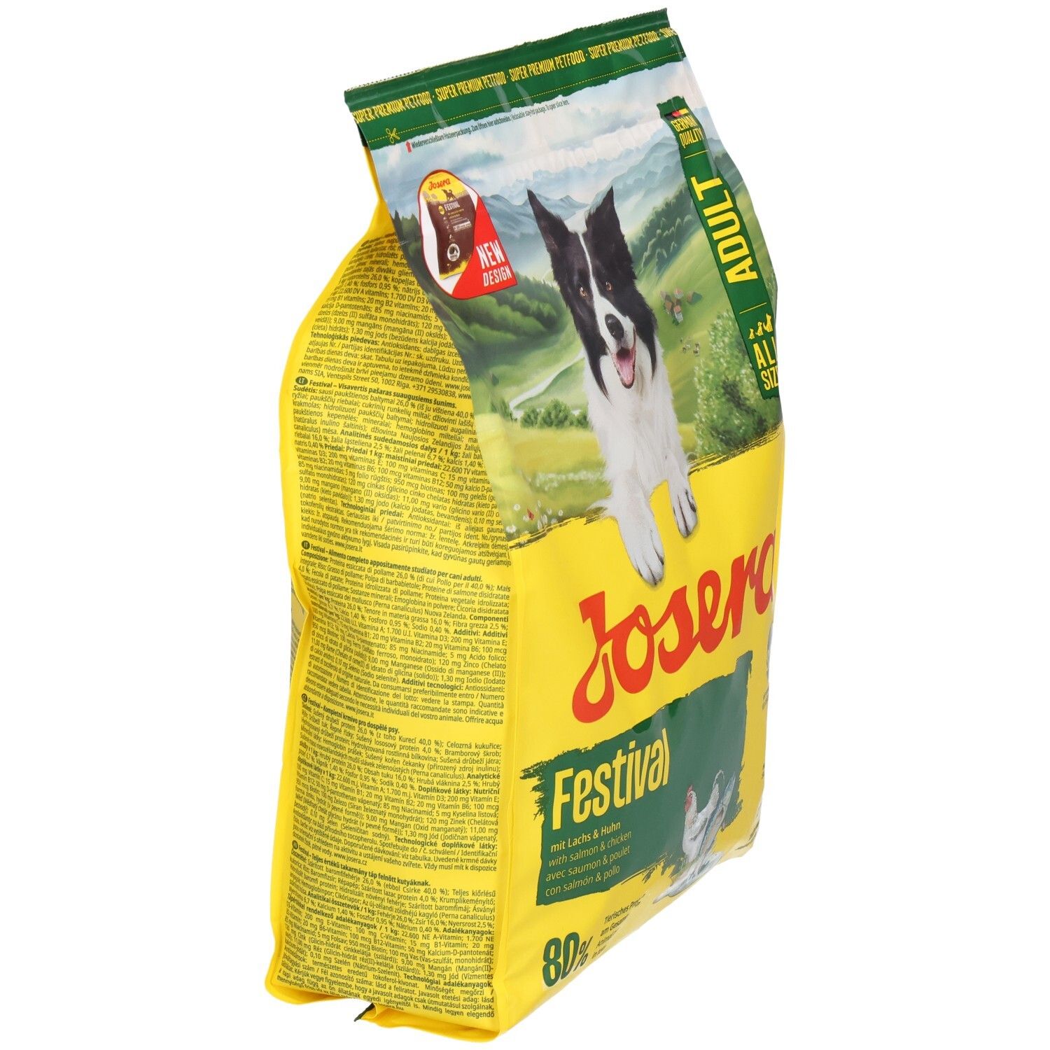 Gelbe JOSERA Festival-Hundefutter-Verpackung, schräg. Aufdruck: Hund, Schriftzug, „Adult“, „Sauce“, 80%. Mit Lachs & Huhn.