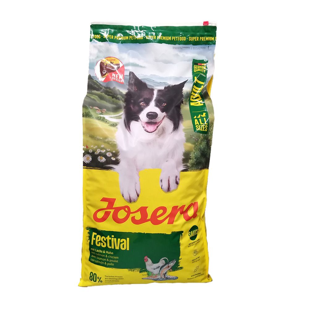 Sac jaune avec chien et nom du produit Josera Festival. Inscriptions: poulet, légumes, 80%.