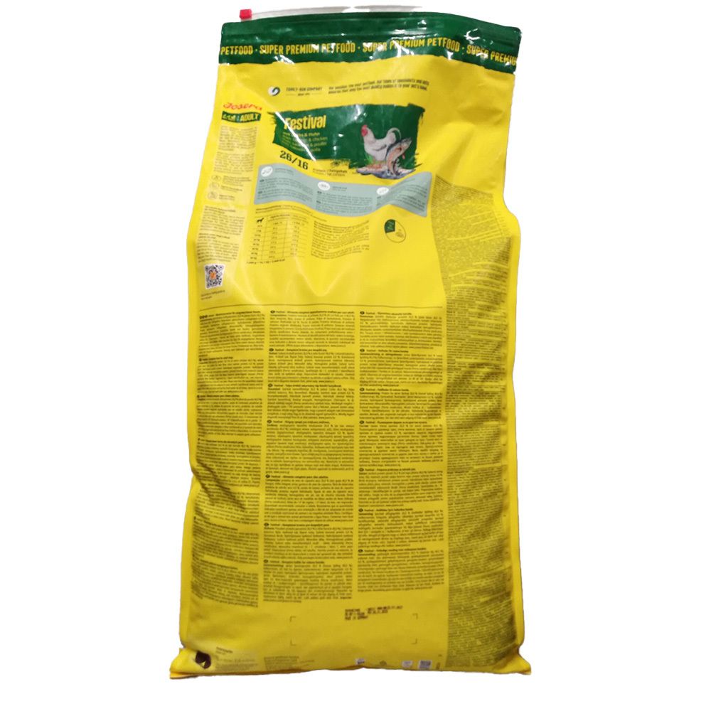 Sac jaune avec informations sur le produit. Dos avec textes et informations nutritionnelles.