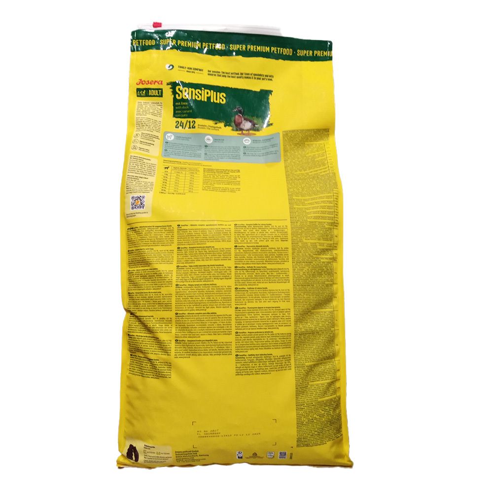 Sac jaune avec informations sur le produit et le nom JOSERA SensiPlus. Inscription : Adult, 24/12.