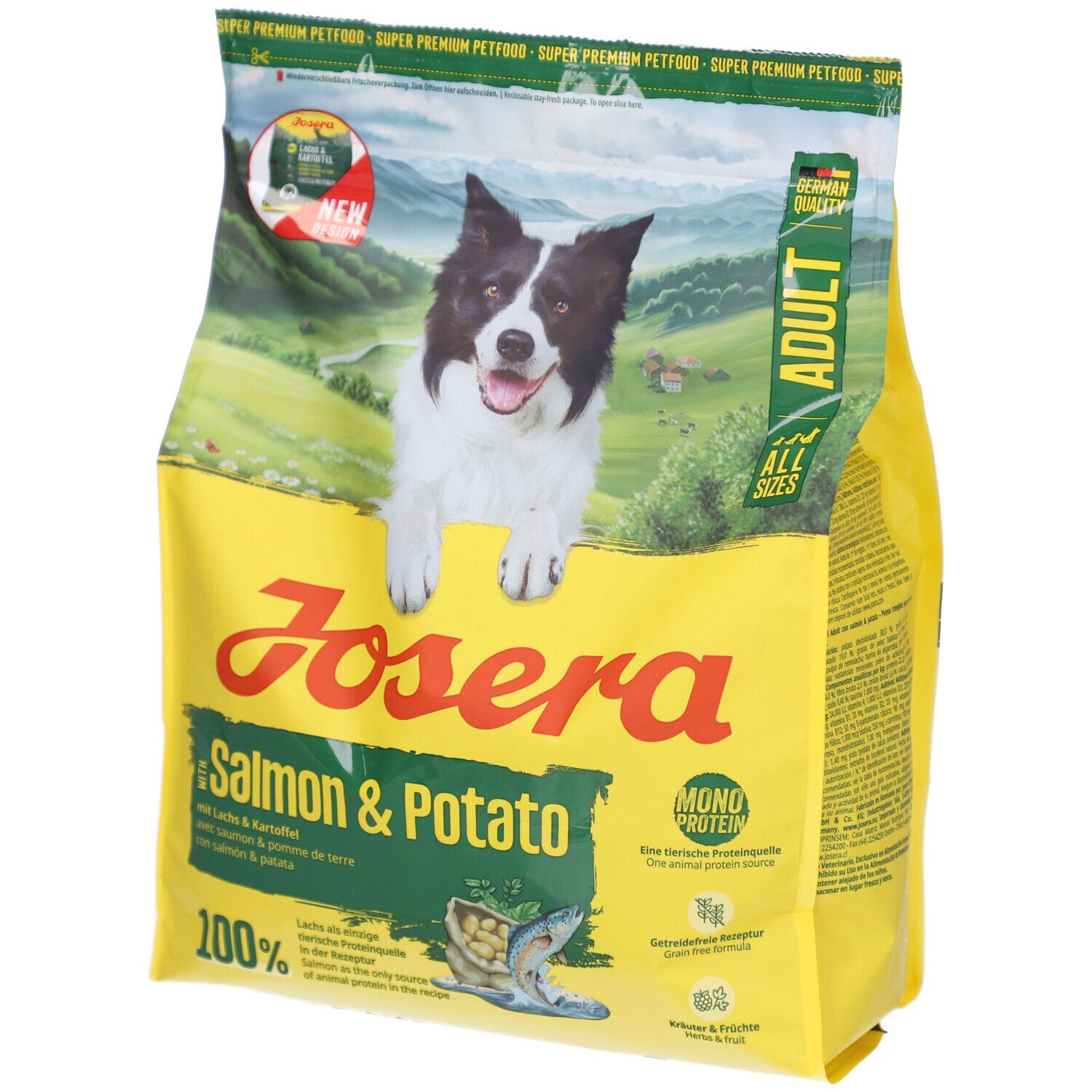 Emballage jaune avec chien, nom du produit JOSERA Salmon & Potato. Texte : Adult, Saumon & Pomme de terre, Mono Protéine.