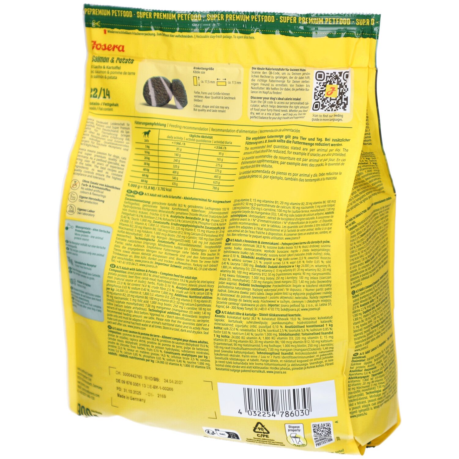 Dos de l'emballage jaune. Texte : JOSERA Salmon & Potato, recommandations d'alimentation, code QR, tableau nutritionnel.