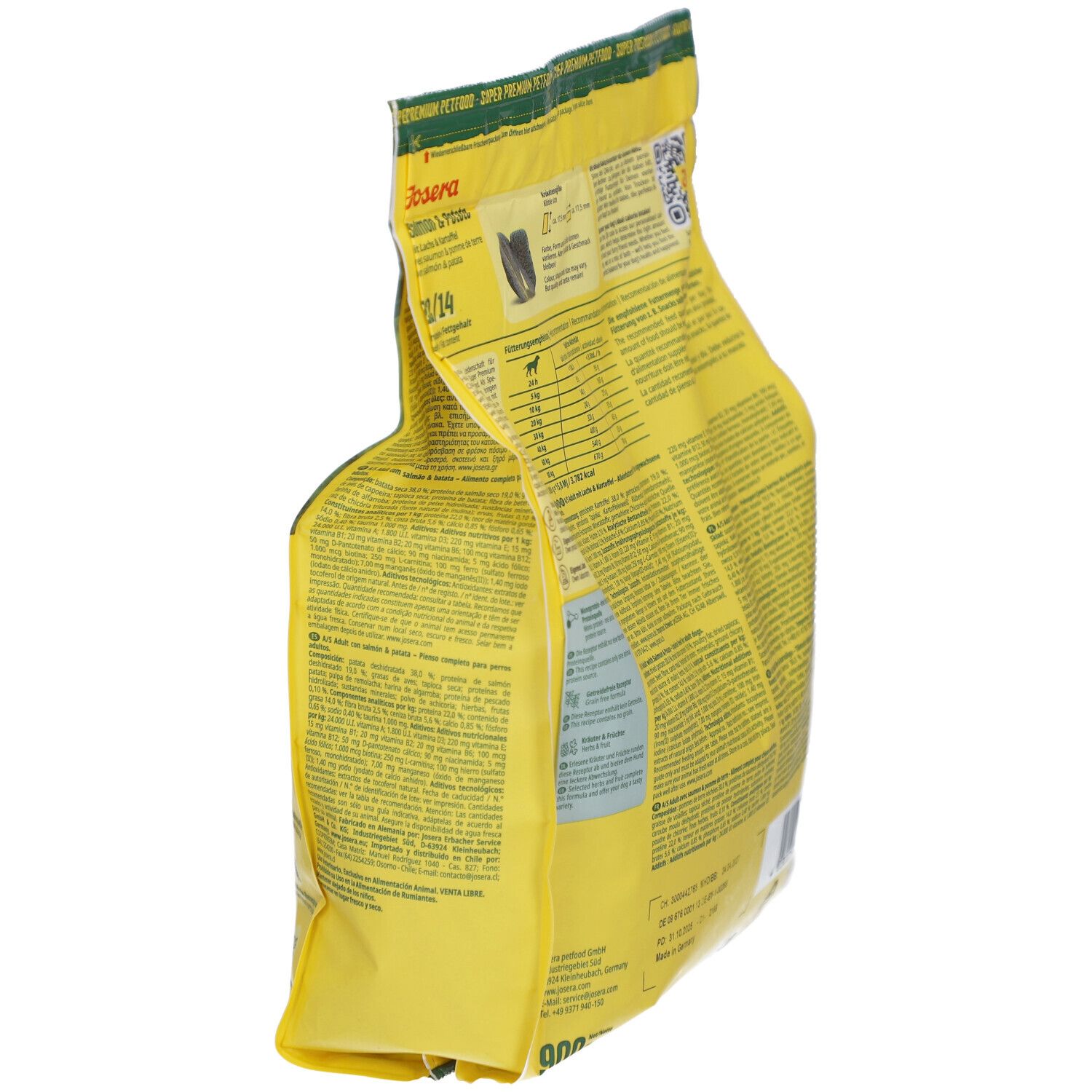 Emballage jaune, vue latérale. Texte : JOSERA Salmon & Potato, recommandations d'alimentation, code QR, tableau nutritionnel.