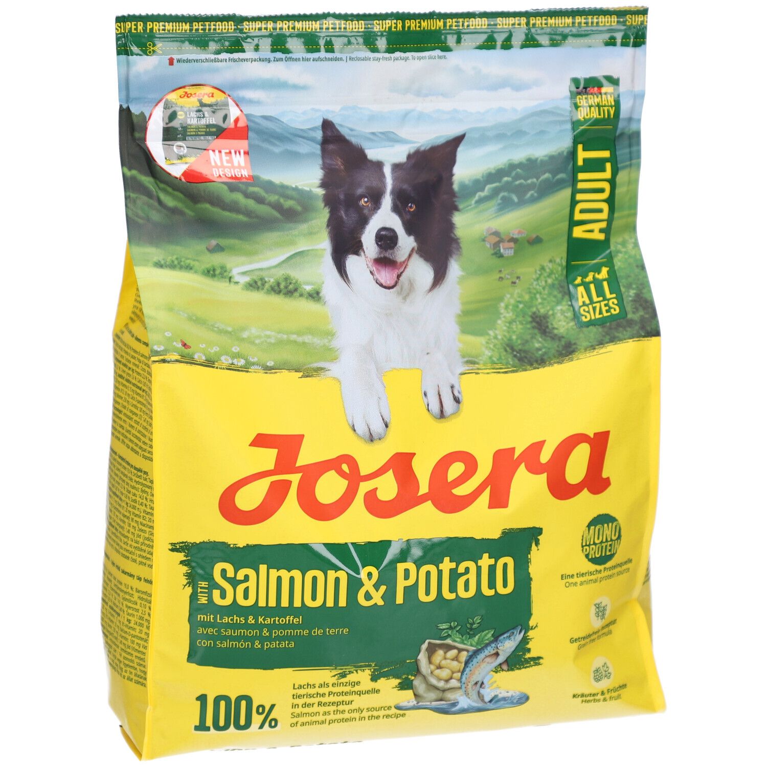 Emballage jaune avec chien, nom du produit JOSERA Salmon & Potato. Texte : Adult, Saumon & Pomme de terre, Mono Protéine, 100%.