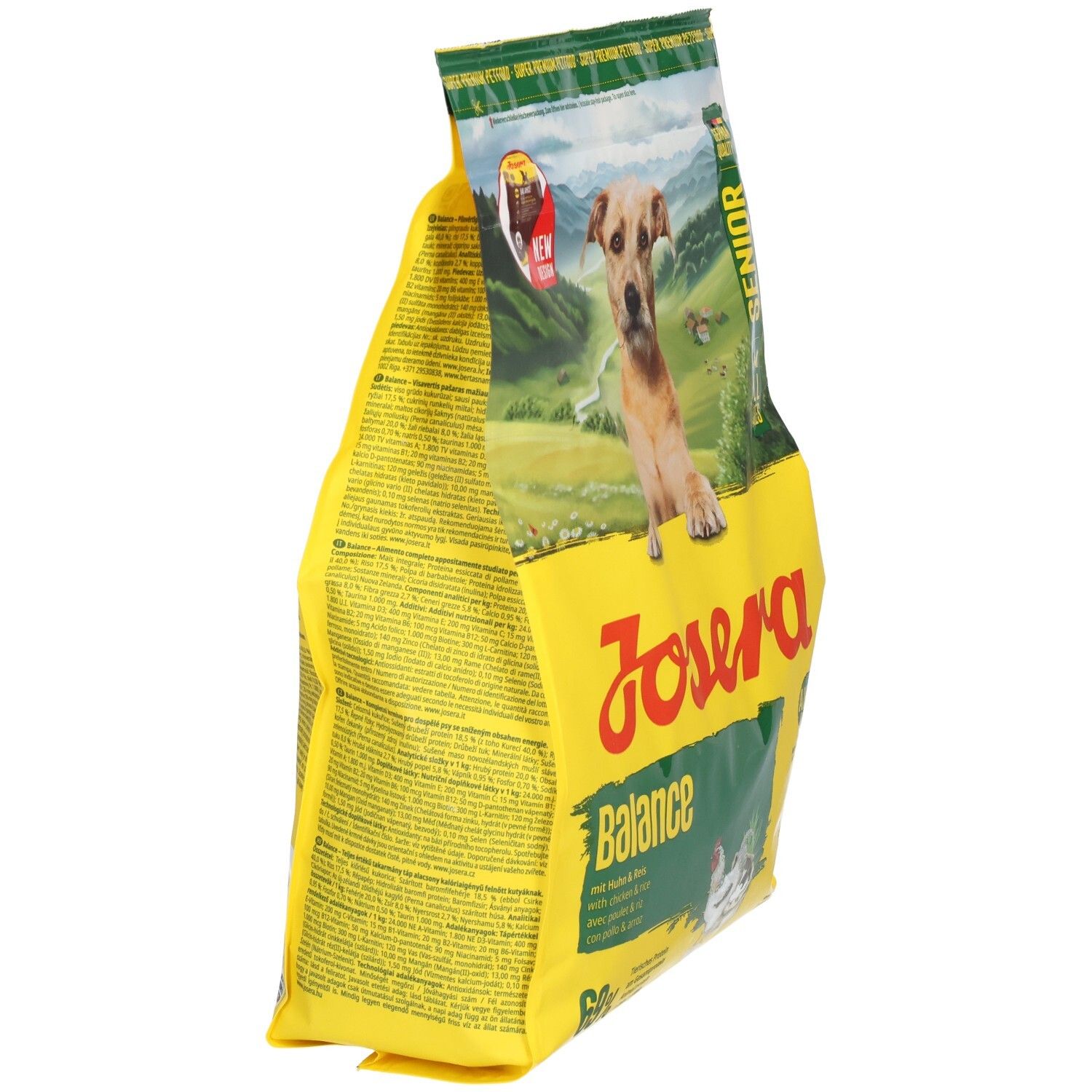Gelber Beutel JOSERA Balance, Seitenansicht. Aufdrucke: Senior, Produktinformationen. Text in mehreren Sprachen.