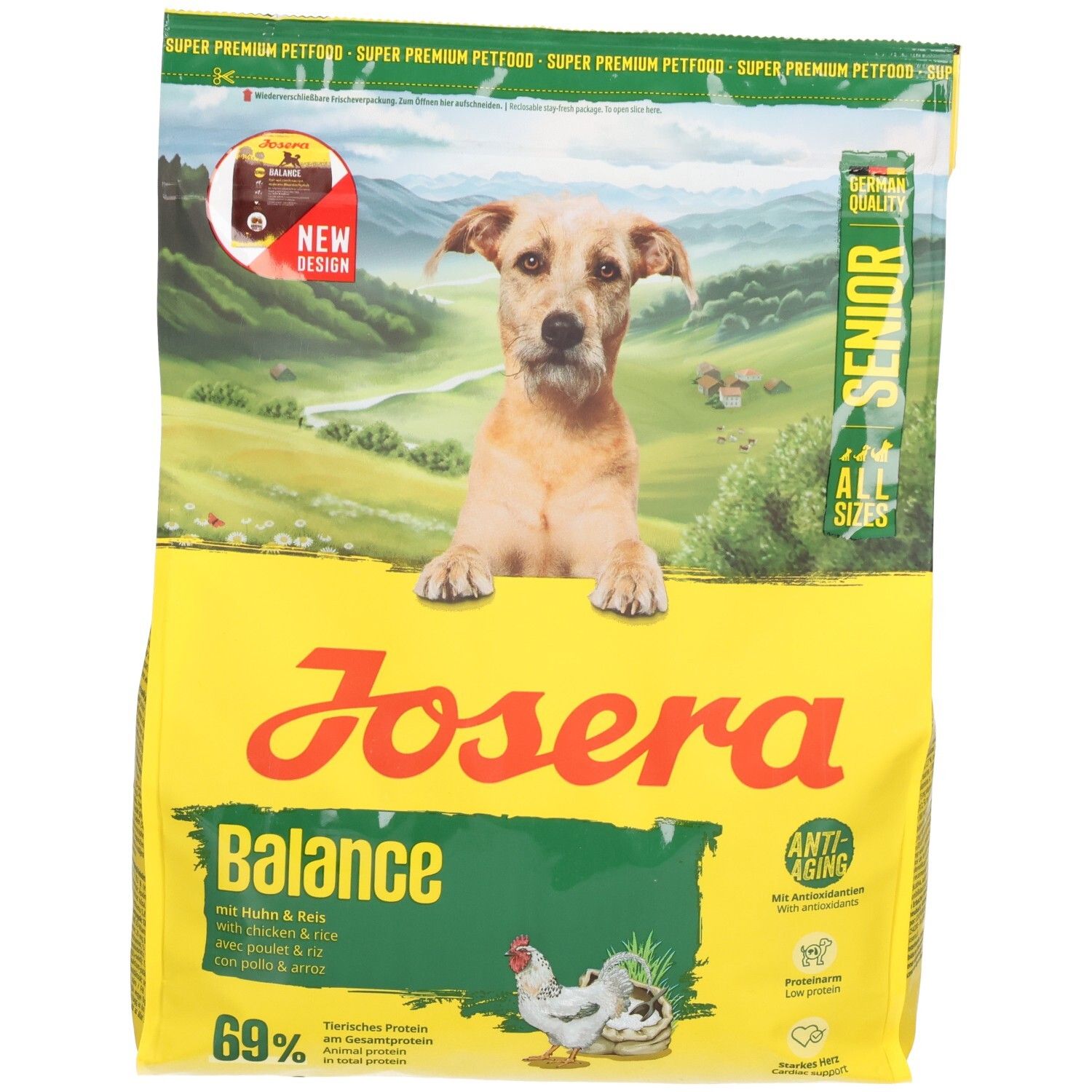 Gelber Beutel JOSERA Balance mit Hund. Aufdrucke: Senior, Anti-Aging, 69% tierisches Protein. Abbildung von Huhn.