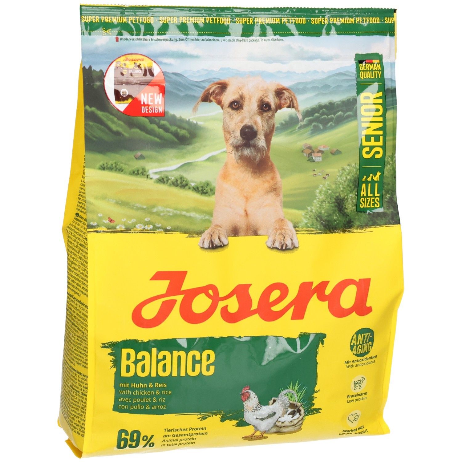 Gelber Beutel JOSERA Balance mit Hund. Aufdrucke: Senior, Anti-Aging, 69% tierisches Protein. Abbildung von Huhn.