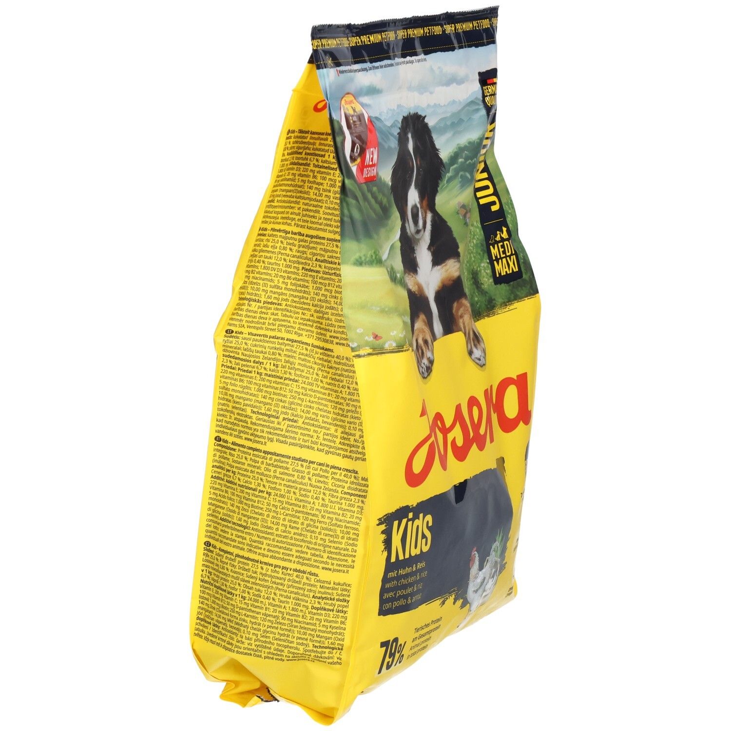Gelbe Verpackung, seitliche Ansicht. JOSERA Kids-Aufdruck. Abbildung eines Welpen. Text.