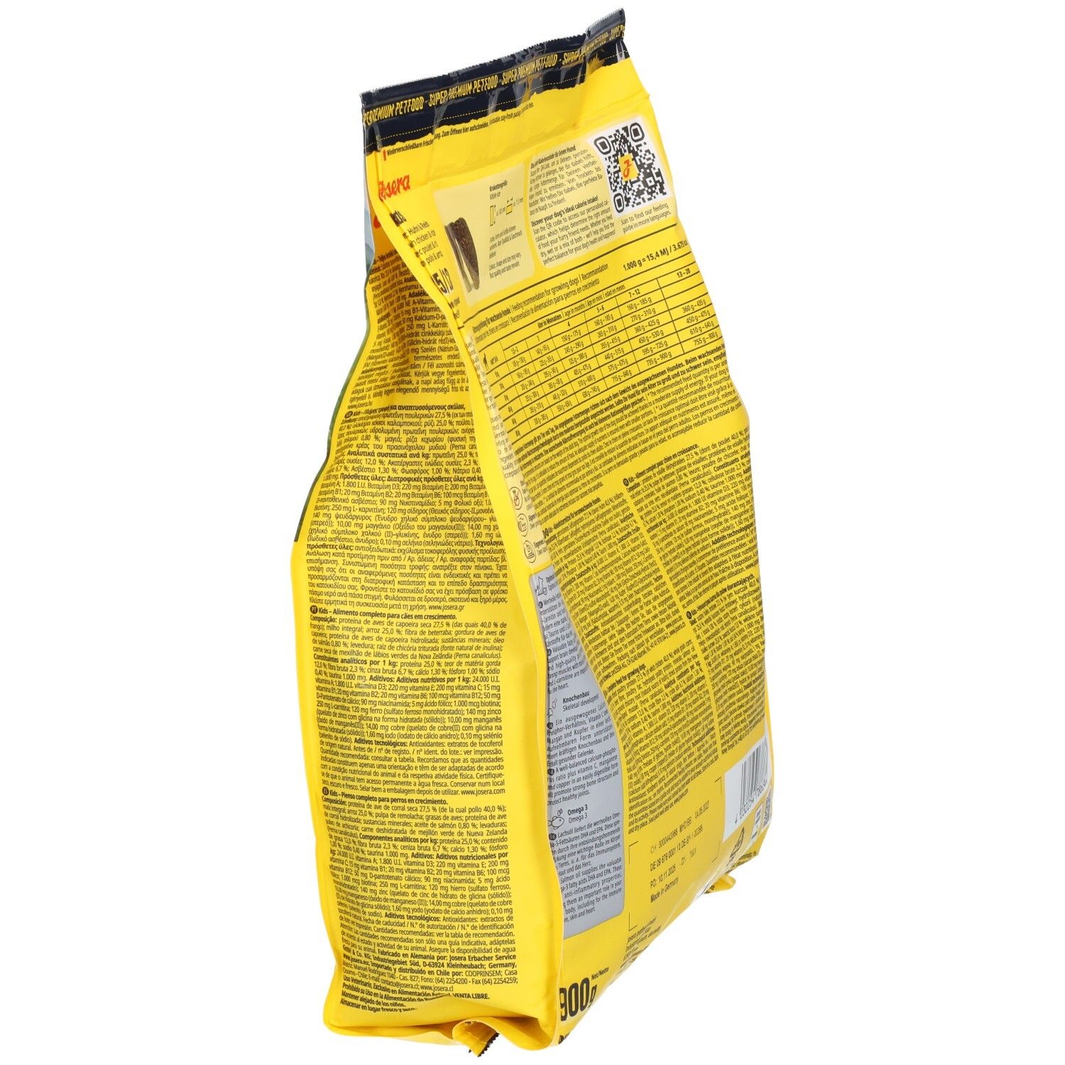Gelbe Verpackung, seitliche Ansicht. Text auf der Rückseite. Gewicht: 900g.