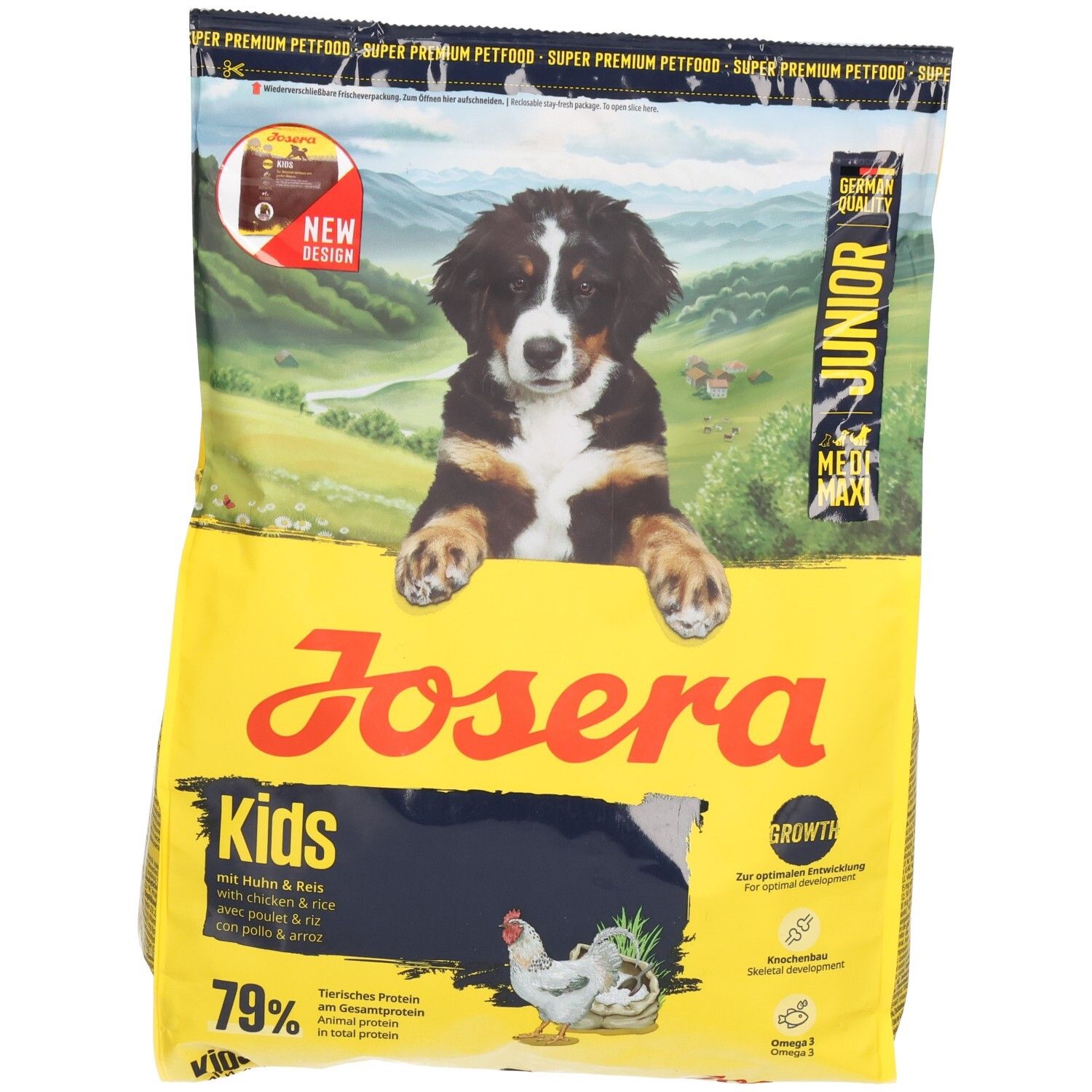 Gelbe Verpackung mit JOSERA Kids-Aufdruck. Abbildung eines Welpen. Text: Junior, Growth, 79%.