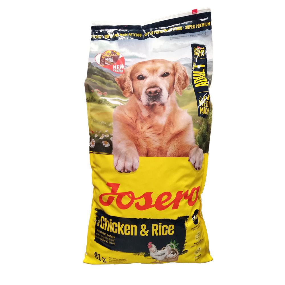 Gelber Beutel mit Josera Chicken & Rice Trockenfutter. Abbildung eines Hundes. Text: Adult, Medi/Maxi.