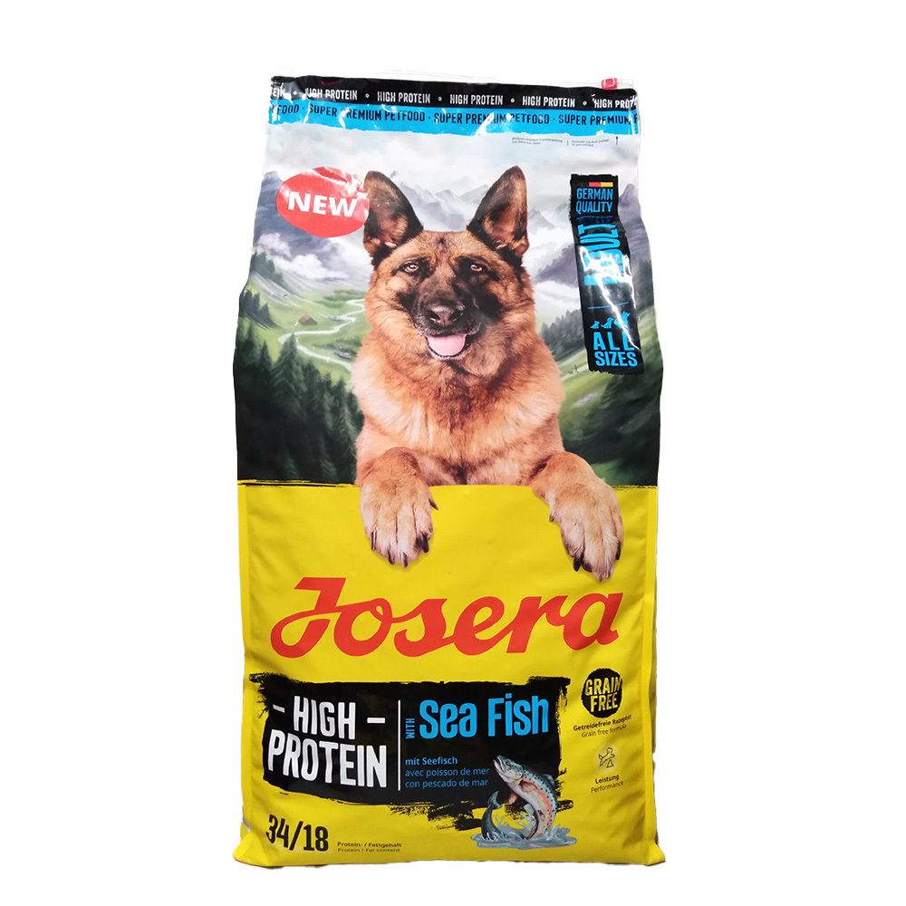 Sac de nourriture sèche Josera. Jaune, avec un chien et des informations sur le produit. "High Protein Sea Fish" et "Grain Free" visibles.
