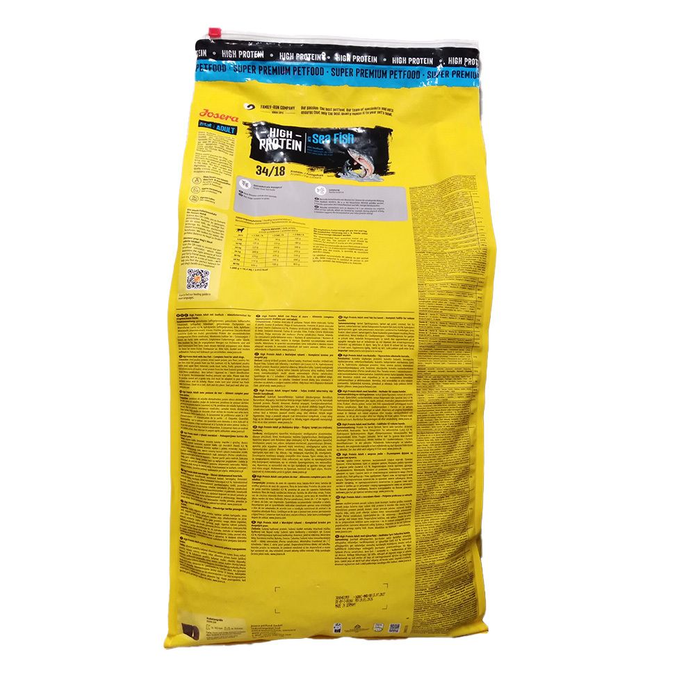 Dos du sac de nourriture sèche Josera. Fond jaune avec texte. Informations sur le produit et informations nutritionnelles visibles.