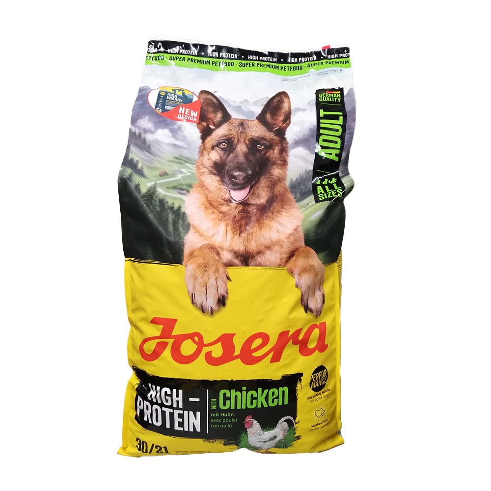 Sac jaune Josera avec logo et photo de chien. Inscription : High Protein Chicken. Contient une image de poulet.