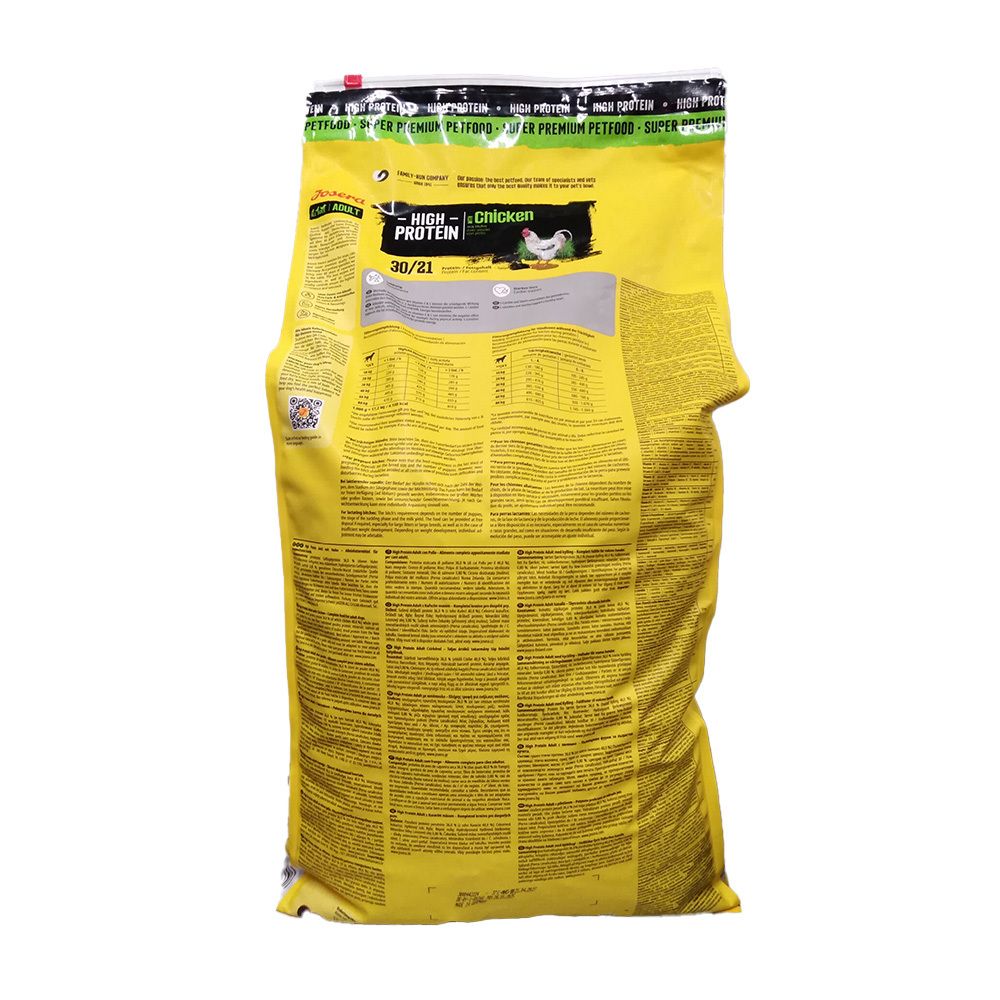 Dos du sac jaune Josera. Texte et informations nutritionnelles sur fond jaune. Contient une image de poulet.